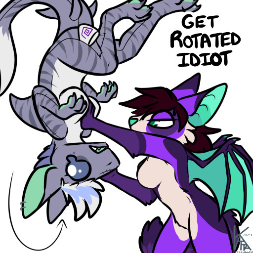 Digital art of a Ferret/Bat hybrid casually flipping a striped shark plush OC upside down with text "Get rotated idiot"