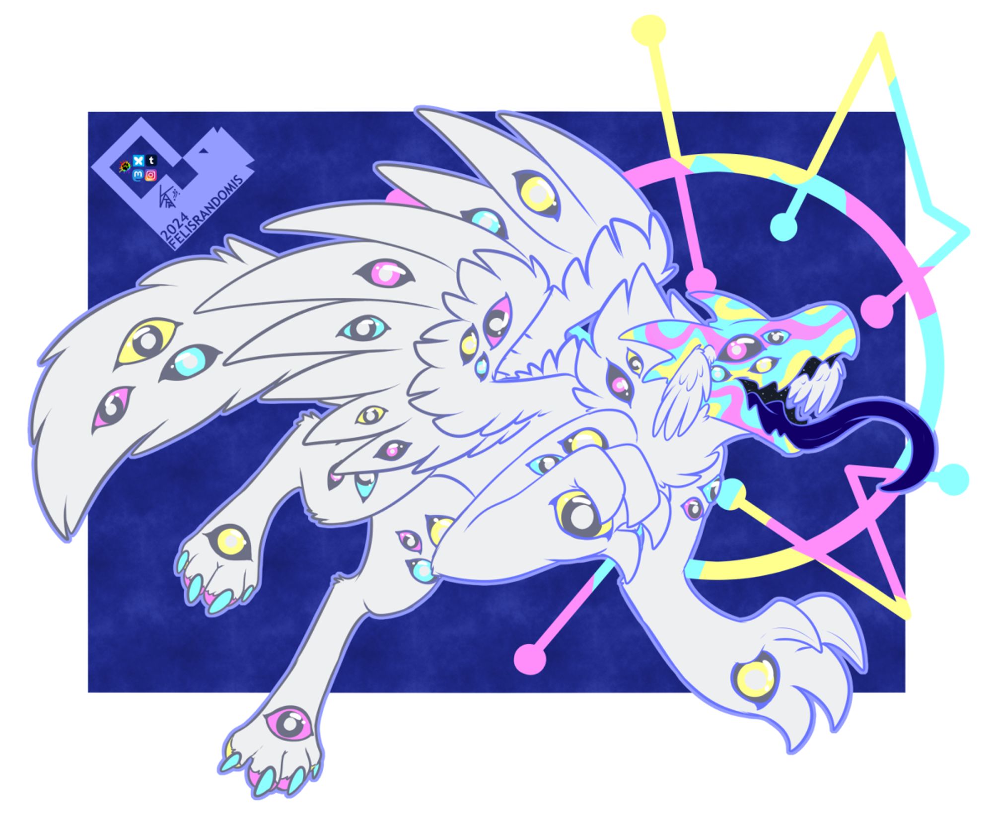 digital art of an angelic type character, covered in CMYK colored eyes all over their wings and body. They also have small wings on their multi-eyed CMYK colored head.