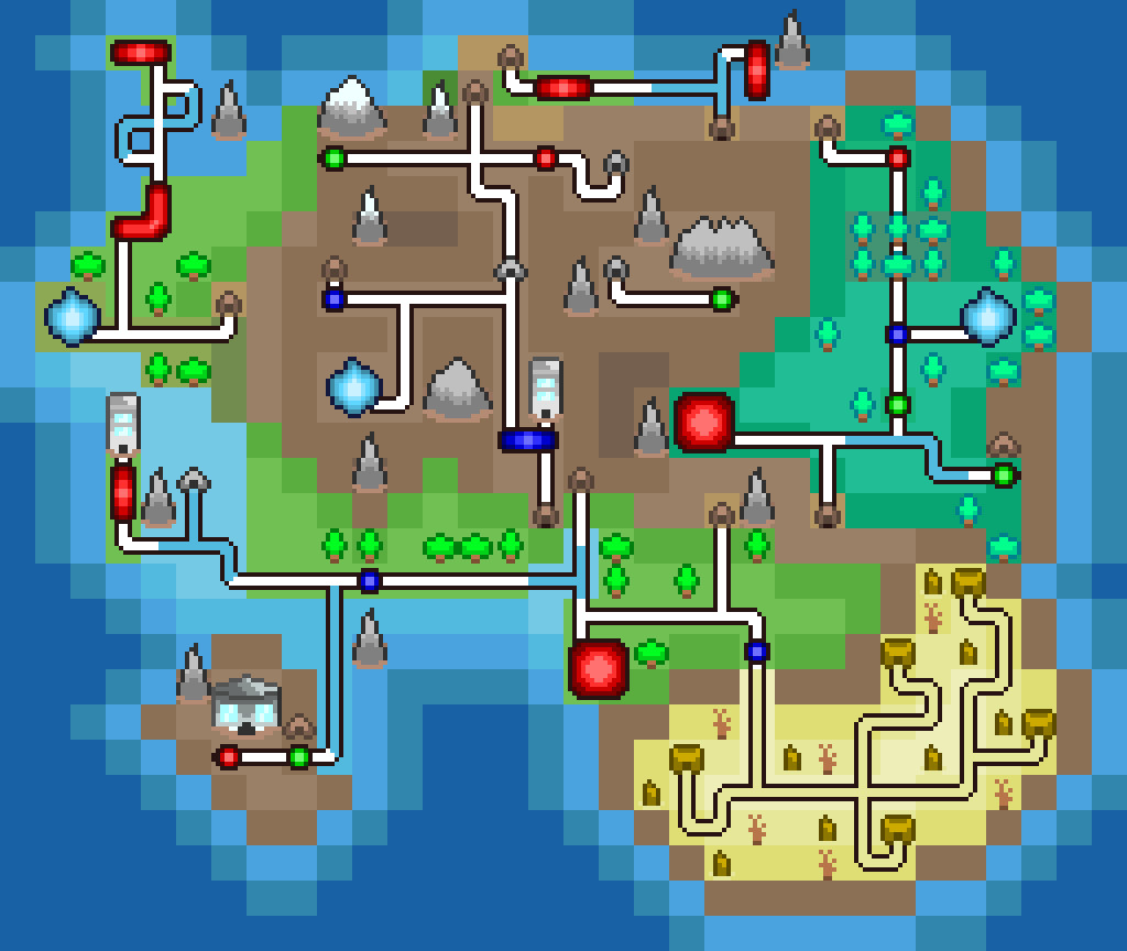 La deuxième et actuellement dernière version de la carte. La forme de la région a beaucoup évolué, avec l'ajout de nouvelles zones et de props pour figurer des lieux (pics montagneux, ruines, ...). Le tracé des routes et l'emplacement des villes et lieux a été repris mais aussi peaufiné, et la couleur bleu a été ajouté pour faire ressortir les villes moins importantes. Enfin, De nouvelles couleurs de tuiles pour le sol et l'eau ont permis de créer de la variété et donc de faire ressortir les zones de la région.