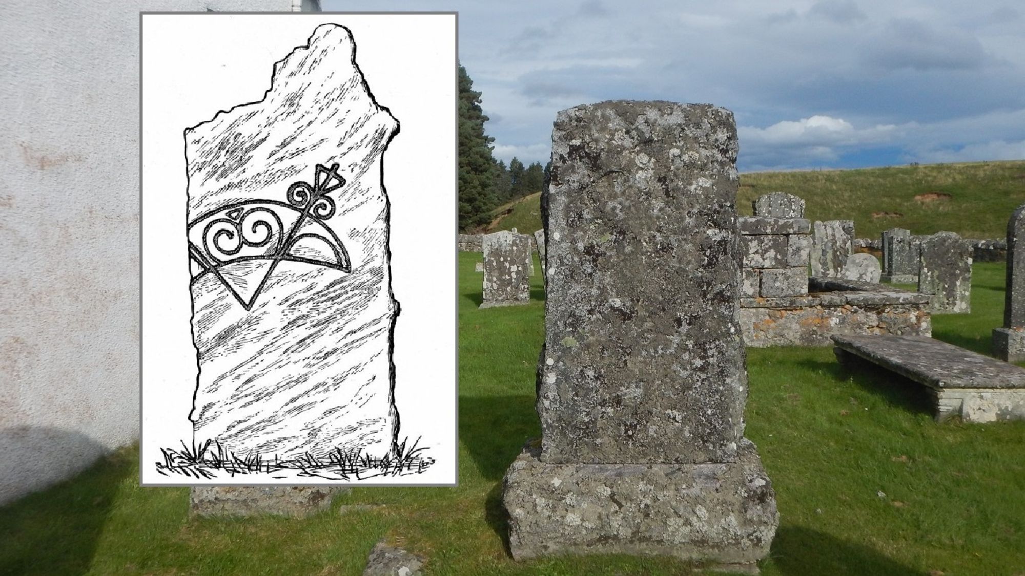 Left is a line drawing of the original Pictish stone, right is the gravestone