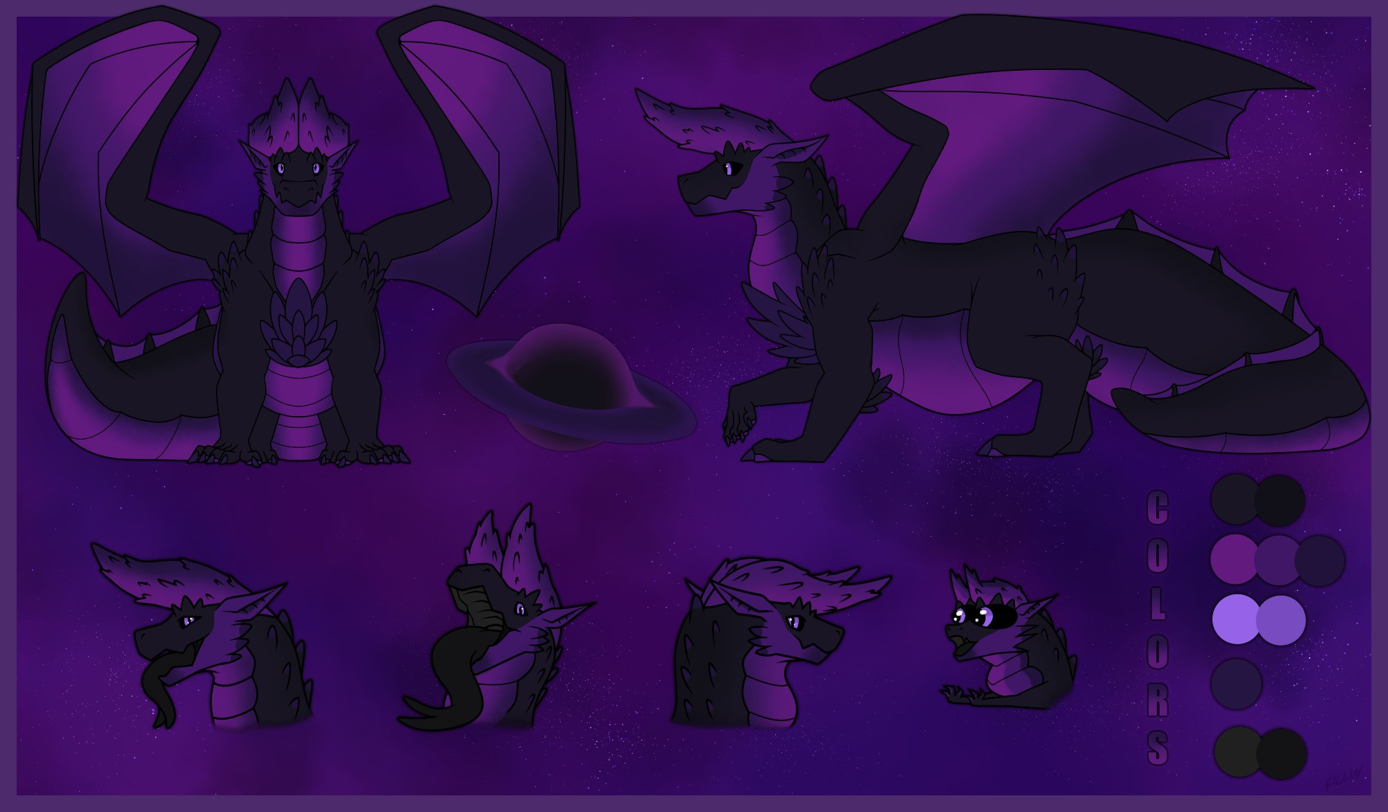 A SFW variant of Mideilos in various poses for a reference sheet.