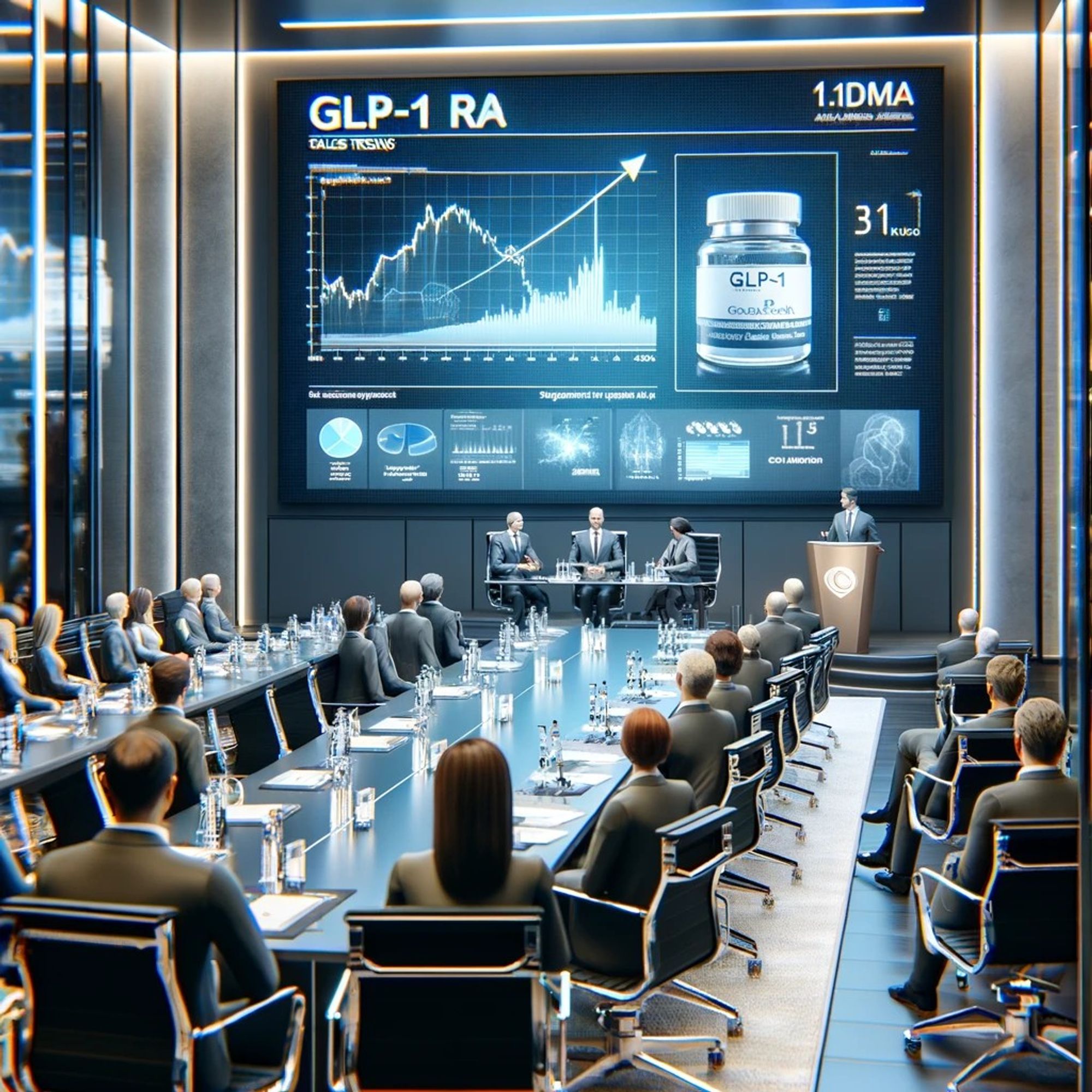 Modern medical conference room with attendees focused on a large display screen presenting GLP-1 RA sales trends. The screen shows detailed charts and graphs, while the room features sleek, contemporary furniture and bright, professional lighting, highlighting the high-tech atmosphere.