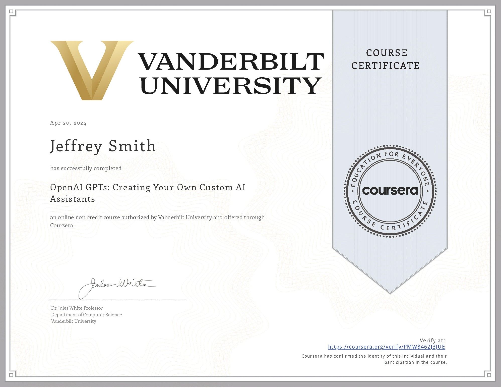 Certificate for the OpenAI GPTs: Creating Your Own Custom AI Assistants course on Coursera.