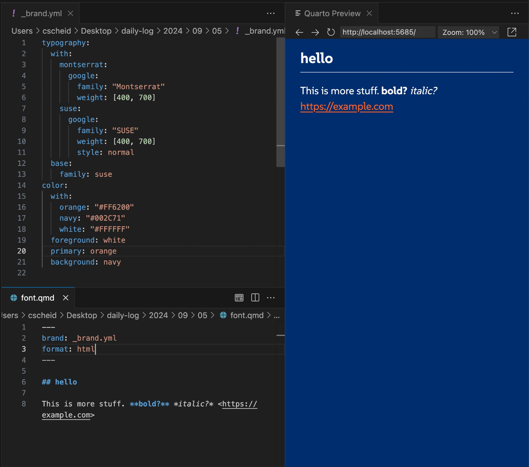 A screenshot of an HTML document in Quarto 1.6 being themed by _brand.yml, which requires no SCSS knowledge and allows configuration of colors and fonts. The only difference between the two screenshots is `format: revealjs` in the first, and `format: html` in the second. The two different documents are themed with the same colors and fonts automatically.