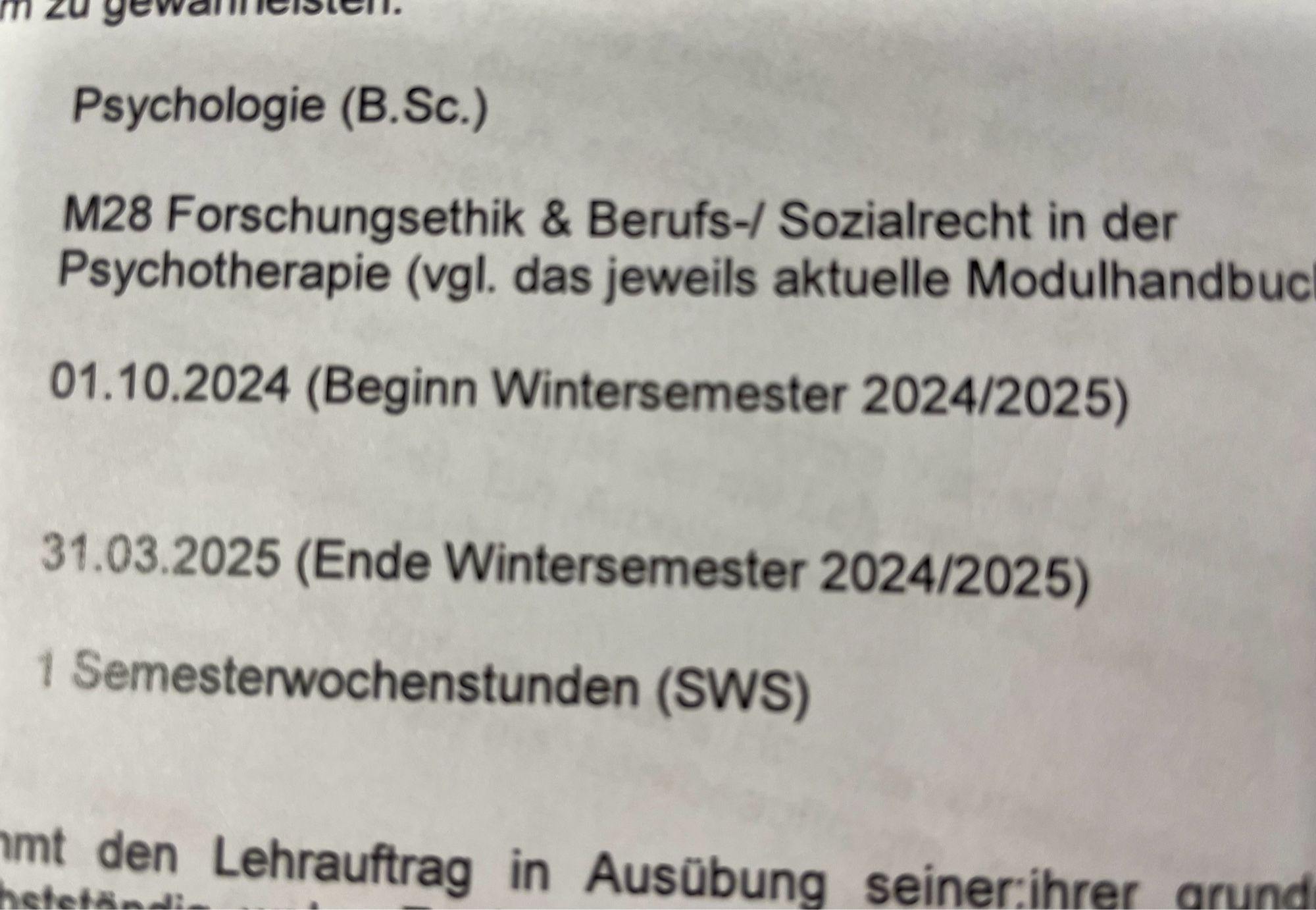 Auszug aus Lehrvertrag (Angaben zu Fach, Semsterdauer und Kursbezeichnung)