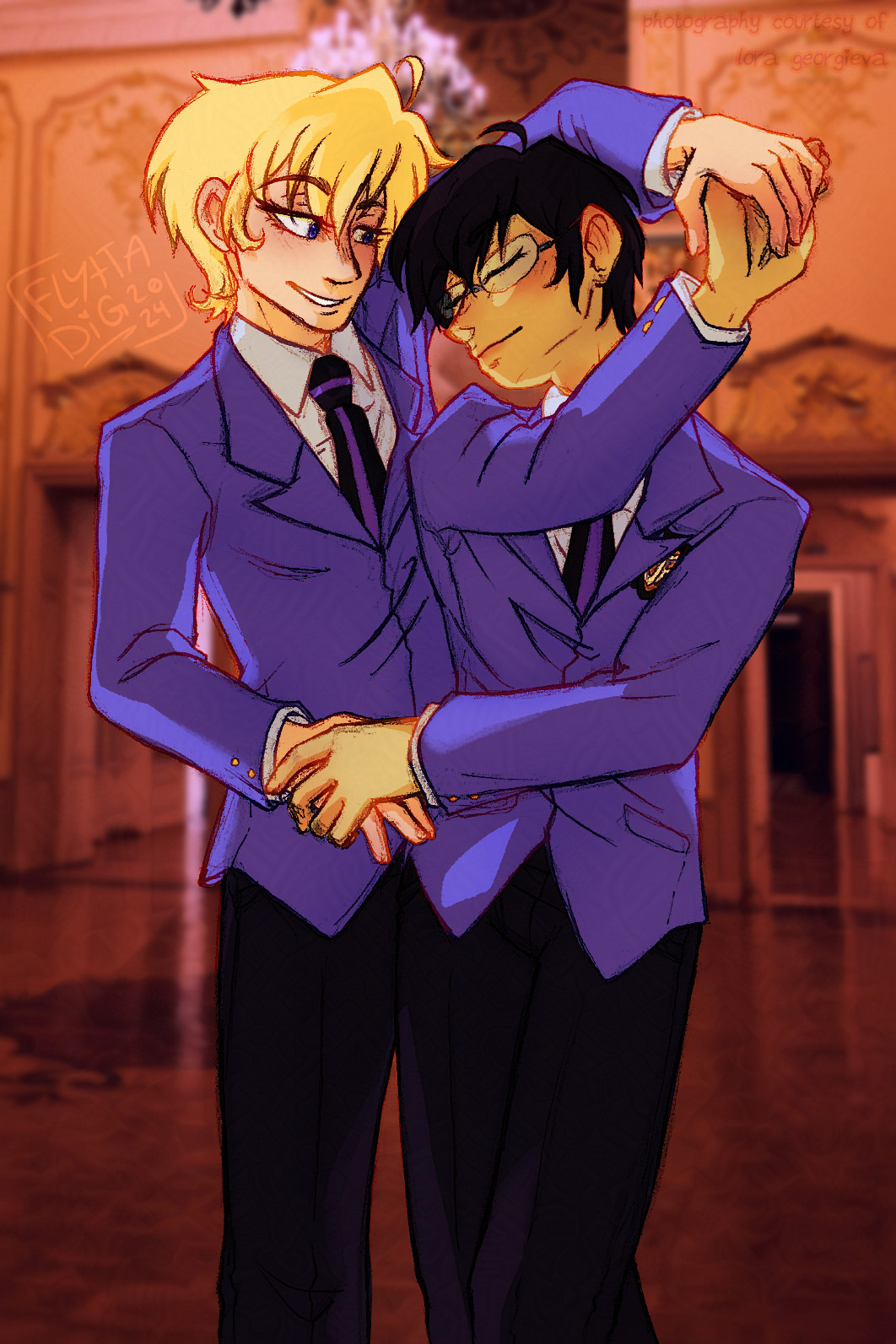 A digital illustration of Tamaki Suoh and Kyouya Ootori from Ouran High School Host Club. The two characters are dancing, with their hands holding one another's. Tamaki is spinning Kyouya. Both characters are smiling gently. The setting is a ballroom washed in warm light.