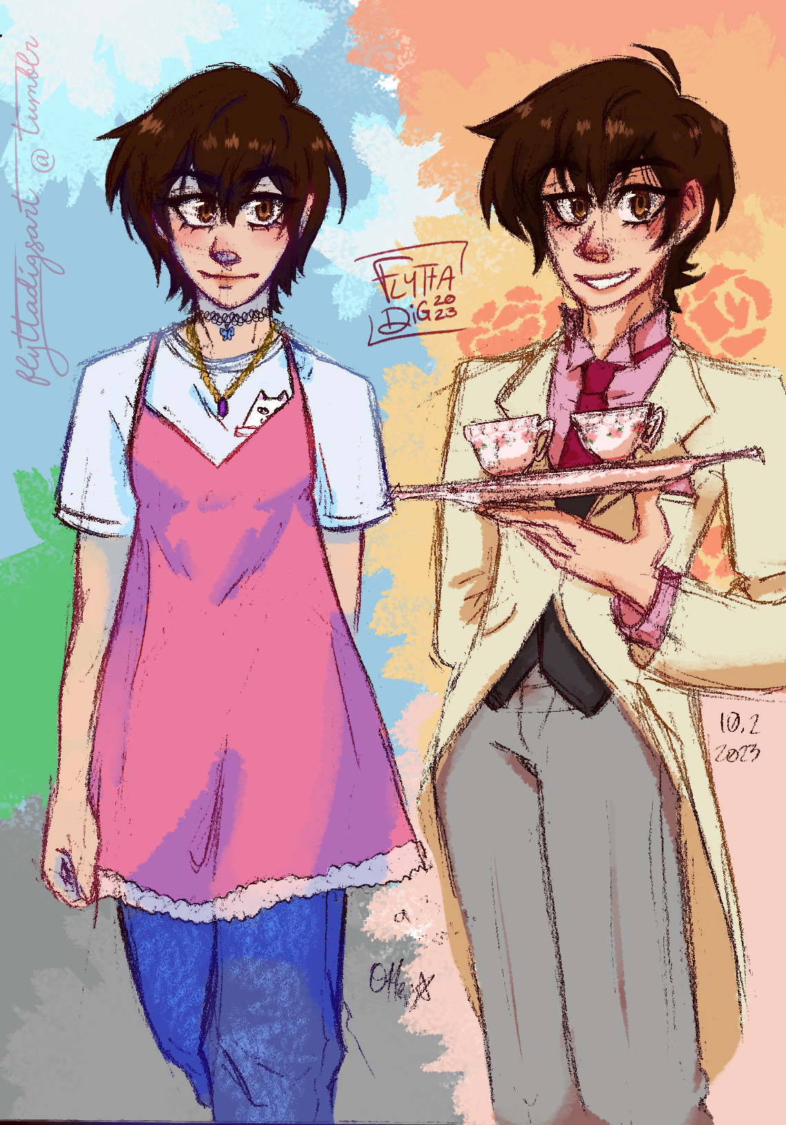 A mixed media drawing of Haruhi Fujioka in two outfits. It was drawn in pencil and colored digitally. On the left, Haruhi is in her out-of-school wear, dressed in a white Rip N Dip t-shirt and blue jeans, layered under a pink dress. She also has a tattoo choker with a blue butterfly charm and a gold amethyst necklace for her birthstone. On the right, Haruhi is wearing her hosting outfit from episode 25. She presents a serving tray with two floral teacups. Her outfit consists of a pink wingtip dress shirt, gray vest, red tie, cream tailcoat, and light gray slacks. In both drawings, she is smiling.