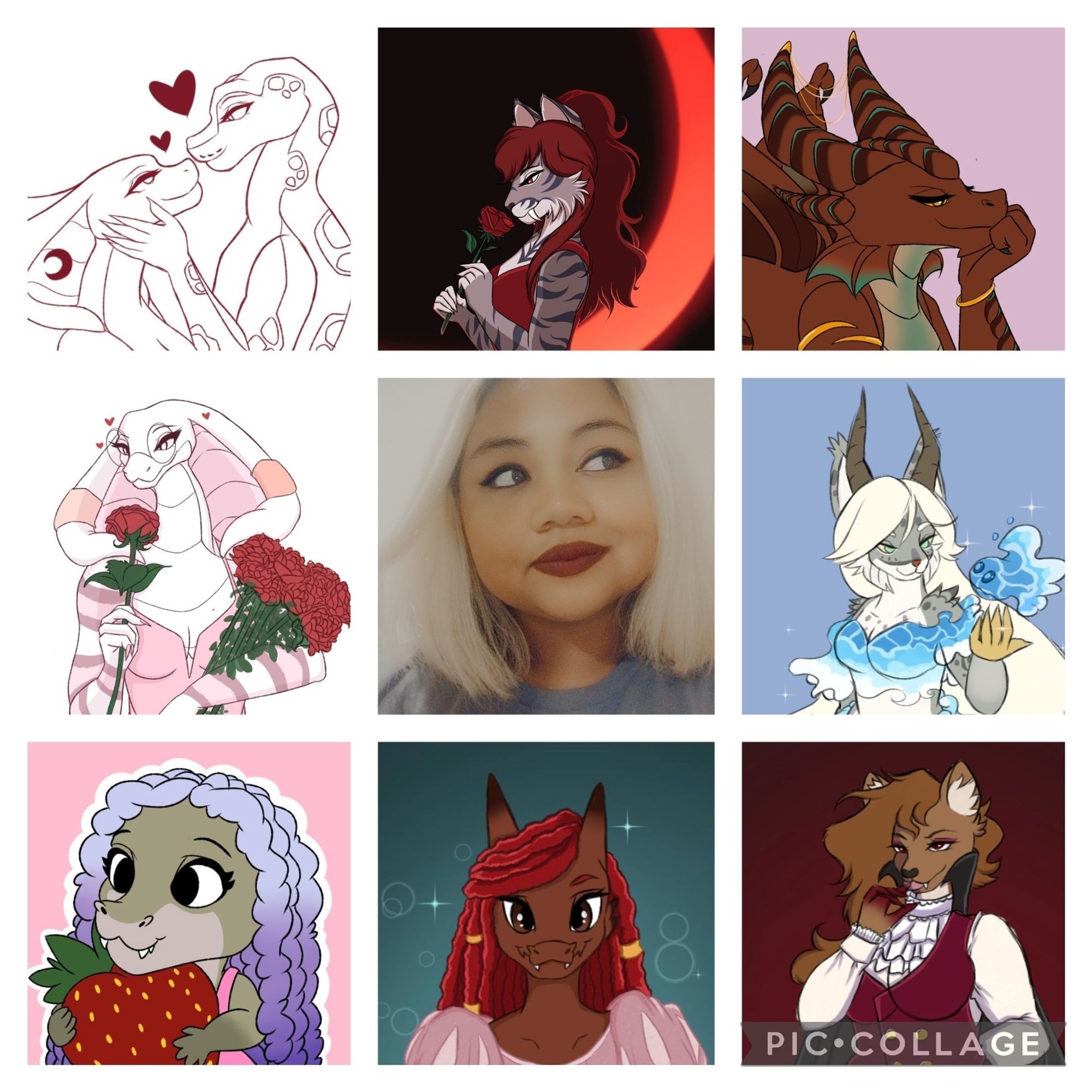 A culmination of @_moontouched's art throughout 2023 with the artist in the center in a grid format. The central theme is lovecore or reminiscent of Valentine's Day