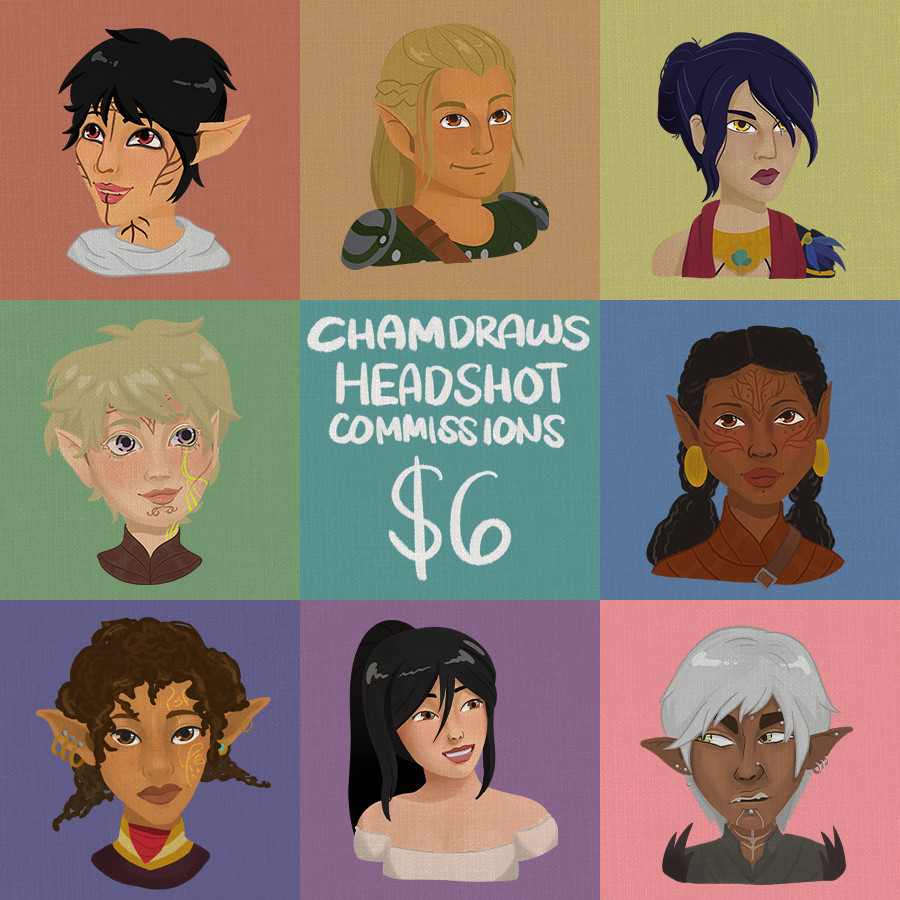 Several headshot digital drawings of characters in a 3x3 grid with "ChamDraws Headshot Commissions $6" in the center