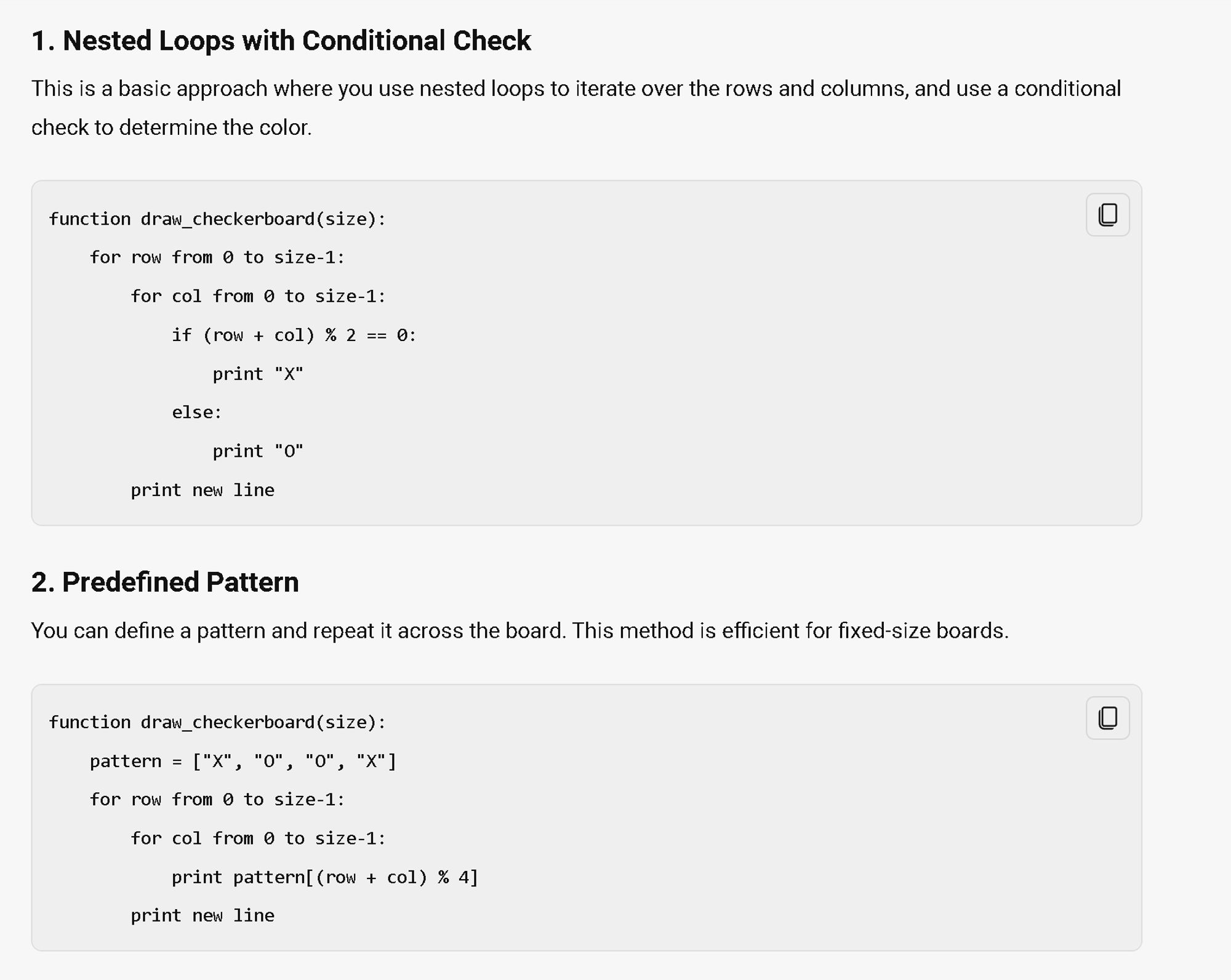 From Copilot - Differences between different algorithms to draw a checkerboard using pseudocode