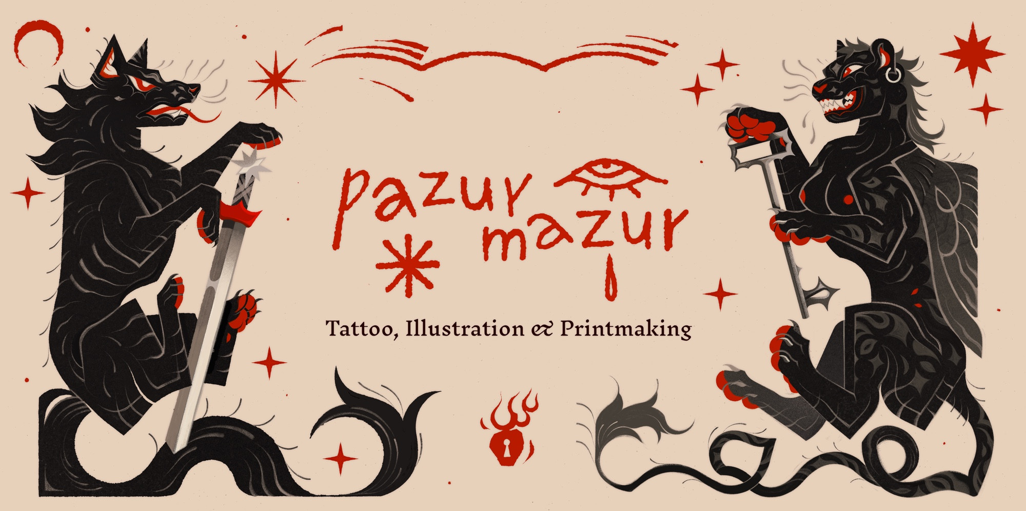 Illustration showing black wolf and sphinx. The wolf on the left is holding a sword, while the sphinx on the right is holding a key, both of them have long and twisty tails. There are red elements around, like stars, moon and Pazur Mazur logo.