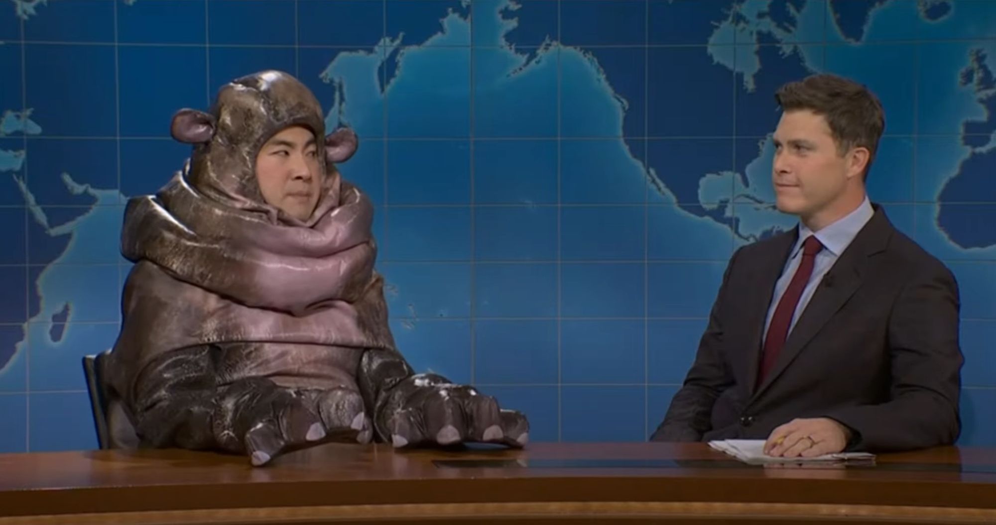 Bowen Yang on SNL Weekend Update dressed up as internet sensation baby pygmy hippo Moo Deng