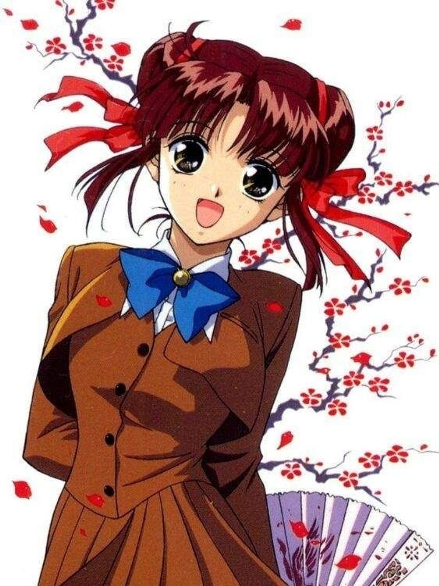 The main heroine of Fushigi Yugi, Miaka is wearing her standard brown school uniform along with her hair in twin buns.