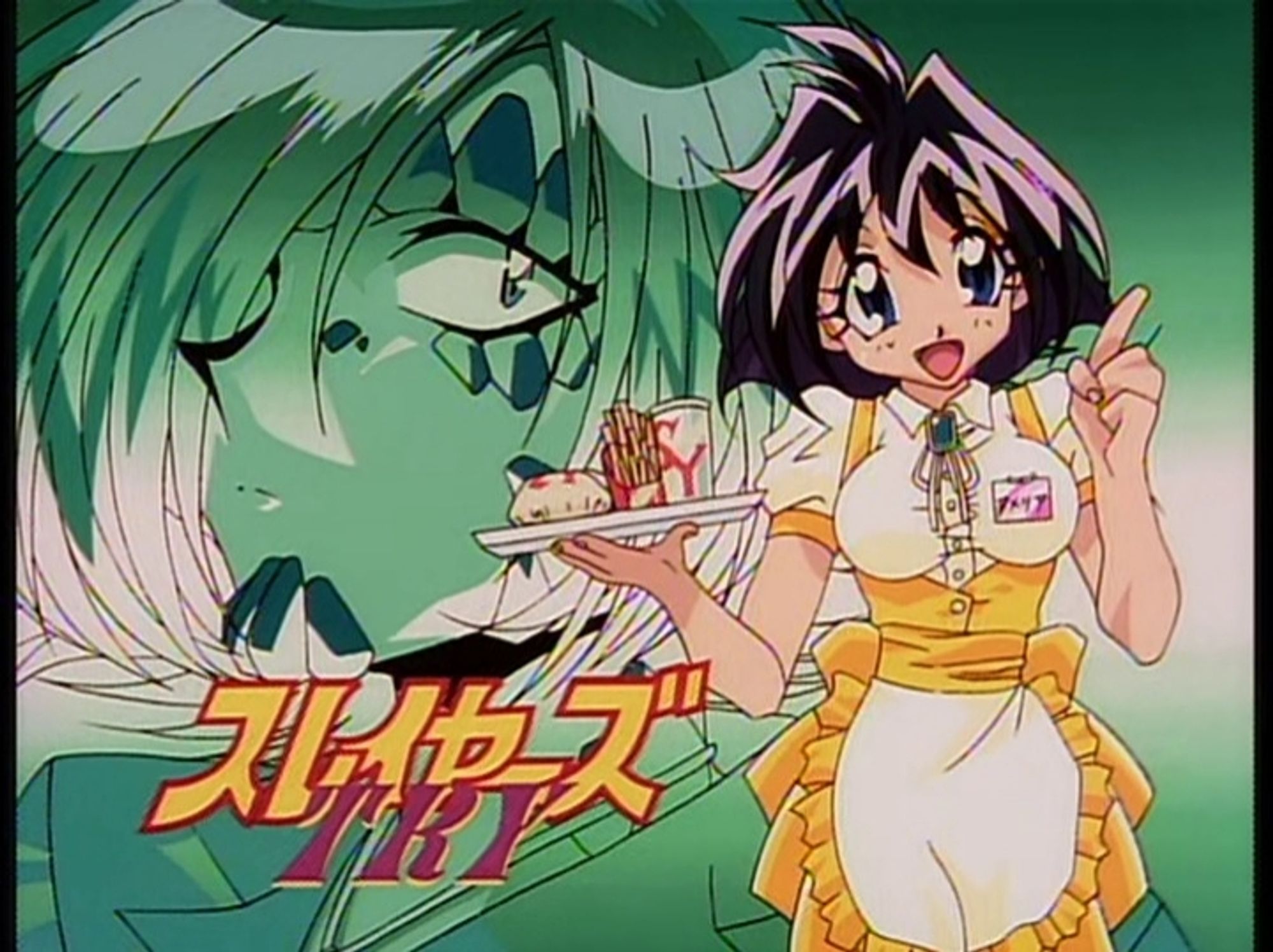 Slayers Try eye catch. Amelia wearing an apron and serving fast food with a close up of Zelgadis in the background in a fully green tone.