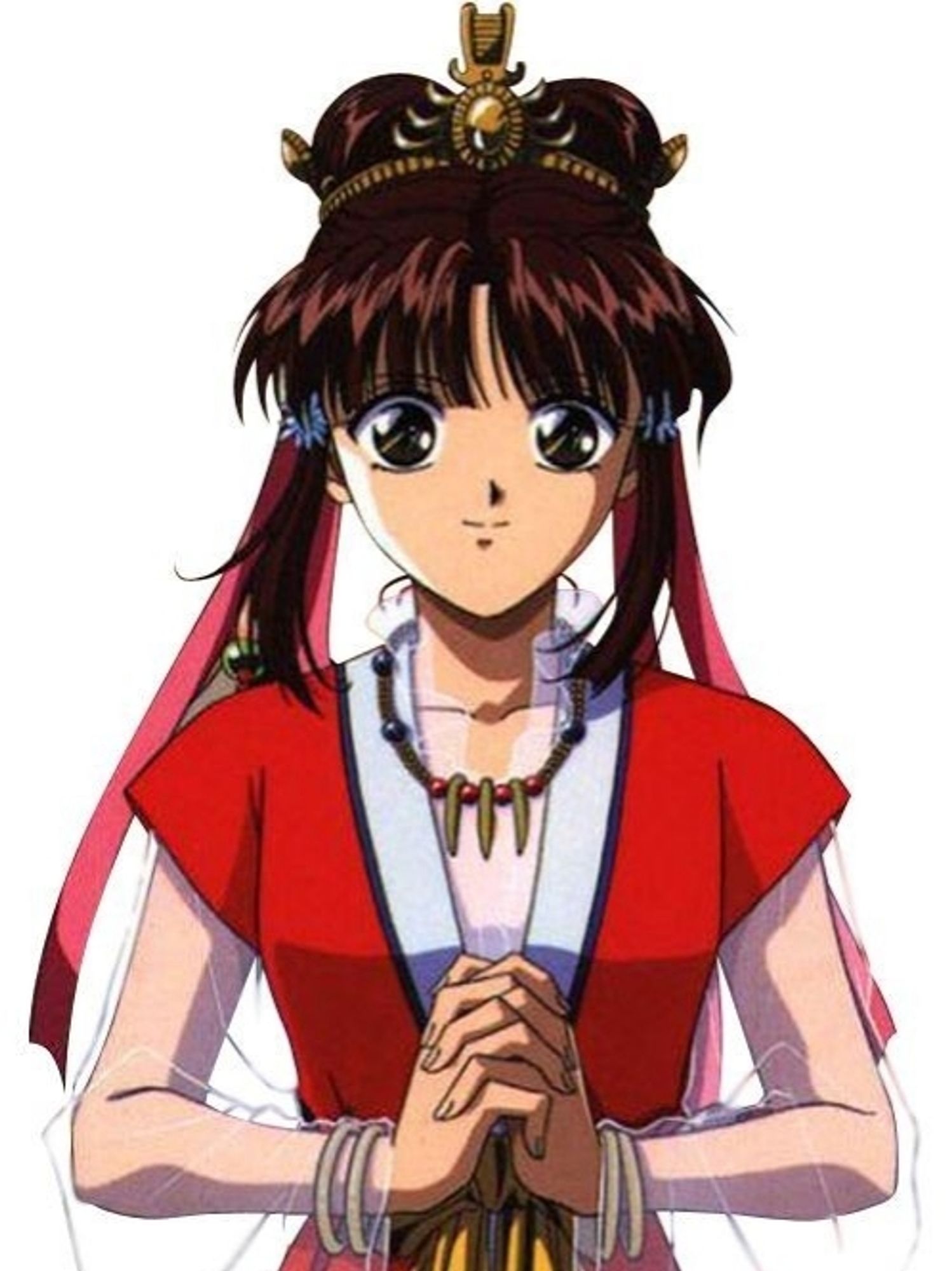 Miaka sporting a different hairstyle with headdress wearing her ceremonial Priestess of Suzaku red dress.