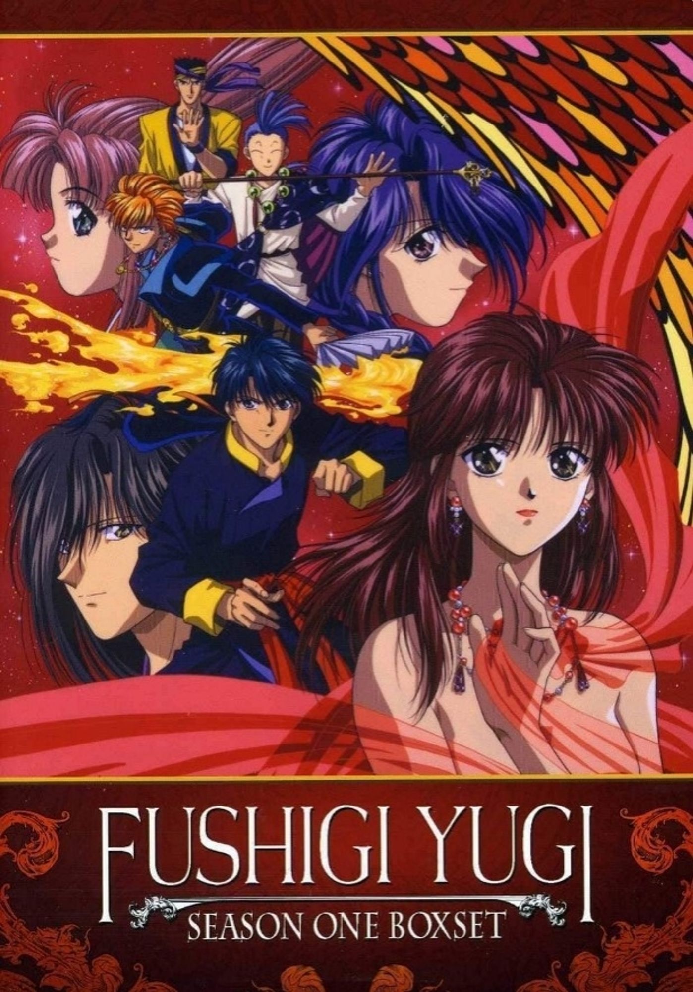 Season 1 DVD box set of Fushigi Yugi by Media Blasters, the current North American licensor. Miaka as the Priestess of Suzaku with her celestial warriors behind her.