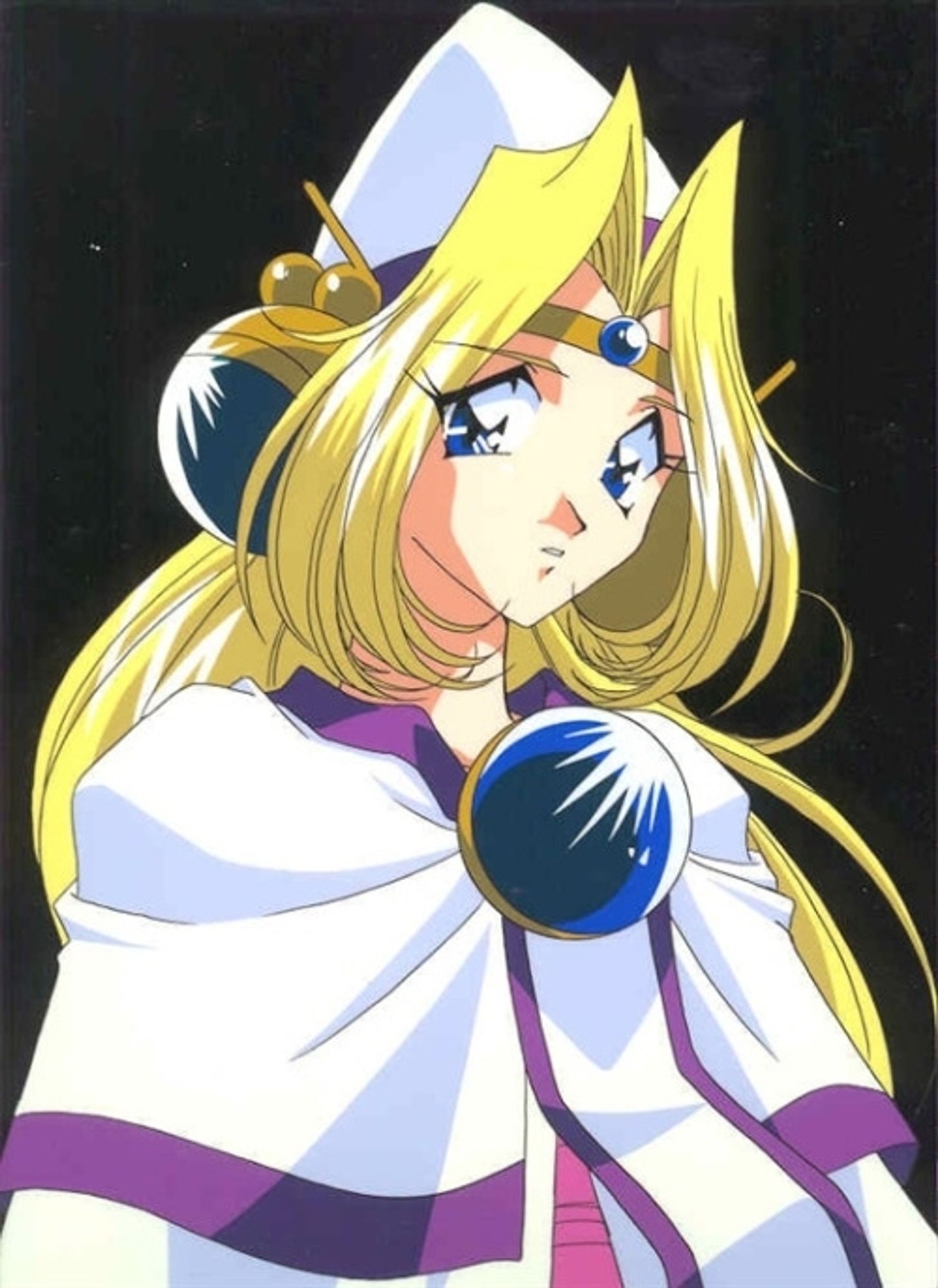 Filia in her human form, with her trademark white priestess uniform and blonde hair. Why does she have those giant orb earrings?