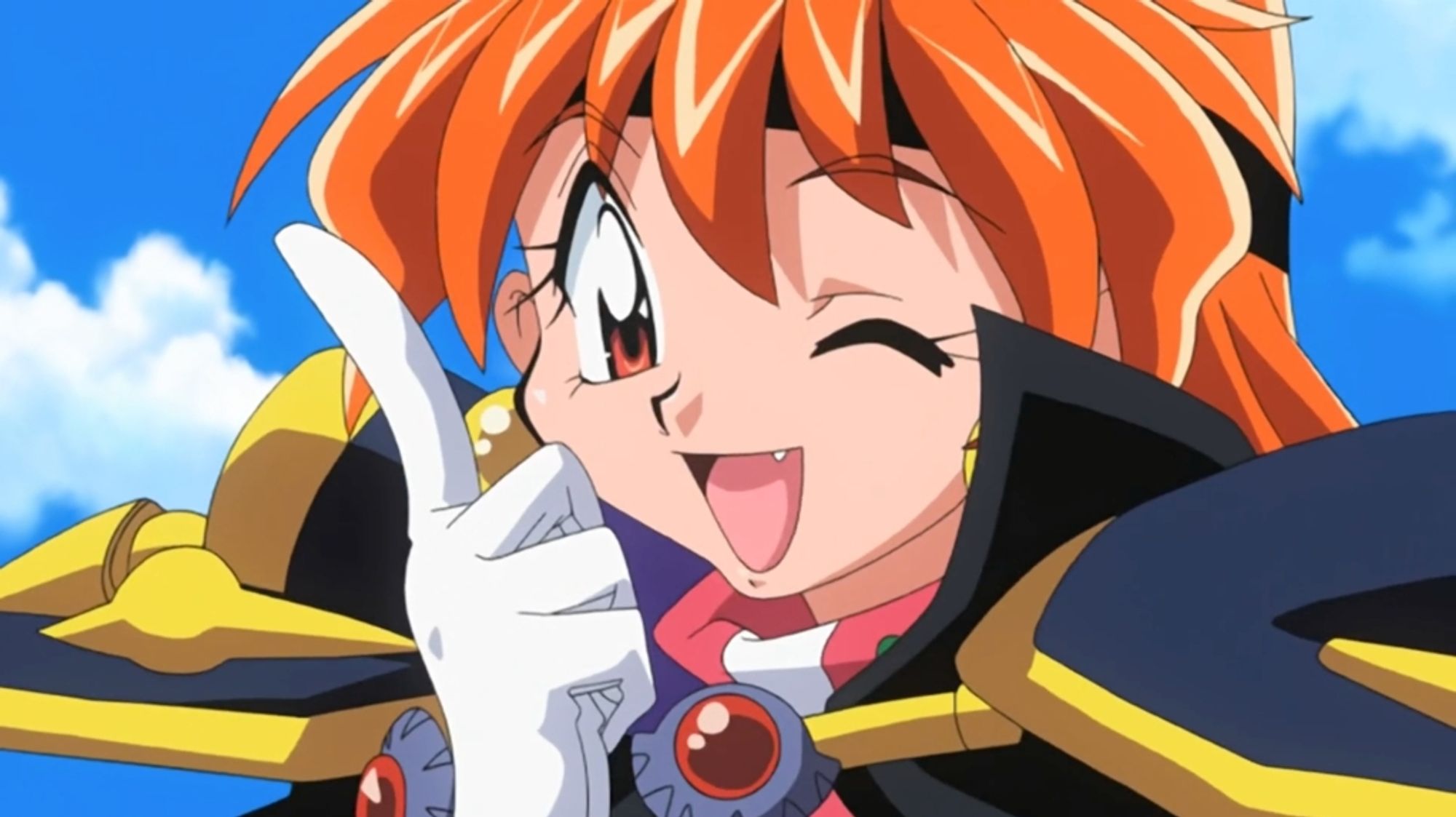 Lina Inverse, one of the most powerful sorcerers in The Slayers world. With her trademark red hair and magical accessories, she's sure of something in this photo.