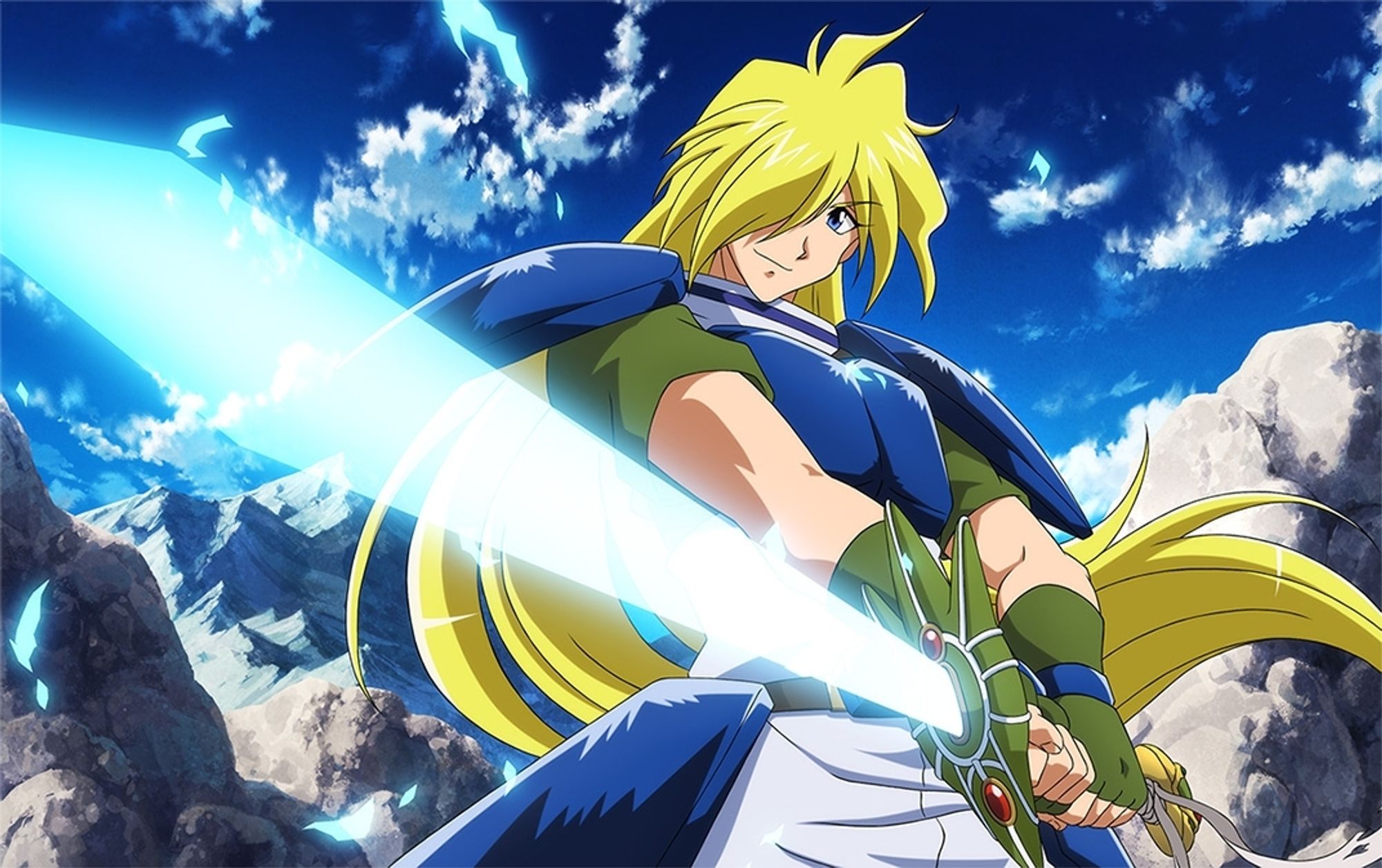 Gourry Gabriev from The Slayers series, wearing his blue armor and holding his Sword of Light in a very Masami Obari inspired pose.