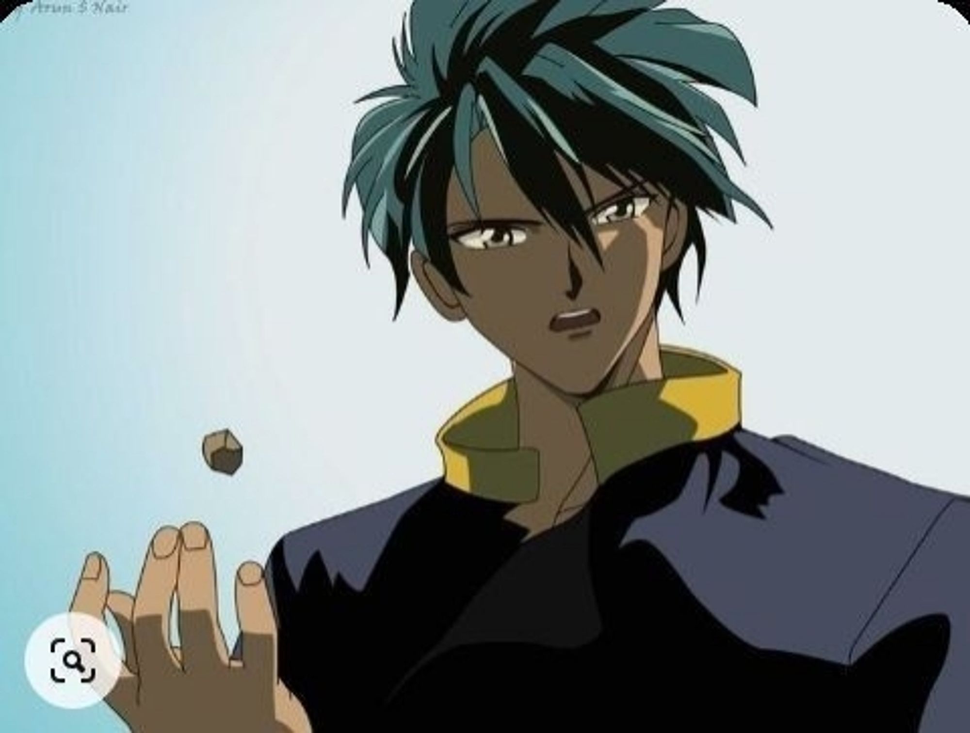 Tamahome from Fushigi Yugi tossing a rock in his hand. He's about to throw it at someone for hurting Miaka.