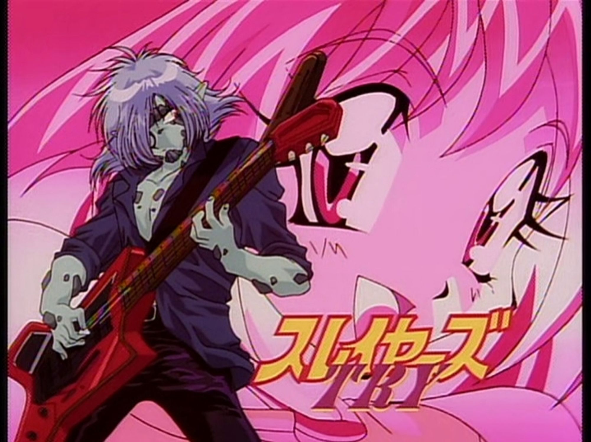 Slayers Try eye catch. Zelgadis playing guitar with a close up of Amelia in the background in a fully pink tone.