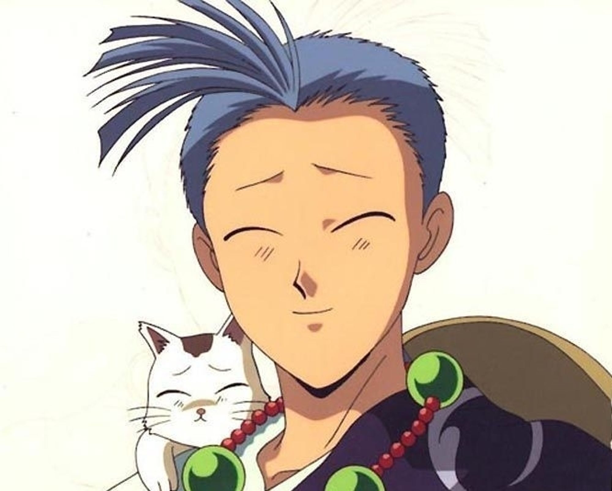 Chichiri from Fushigi Yugi, with a cat on his shoulder. The closed-eyes face is his default look, but it's also a mask that hides his true face.