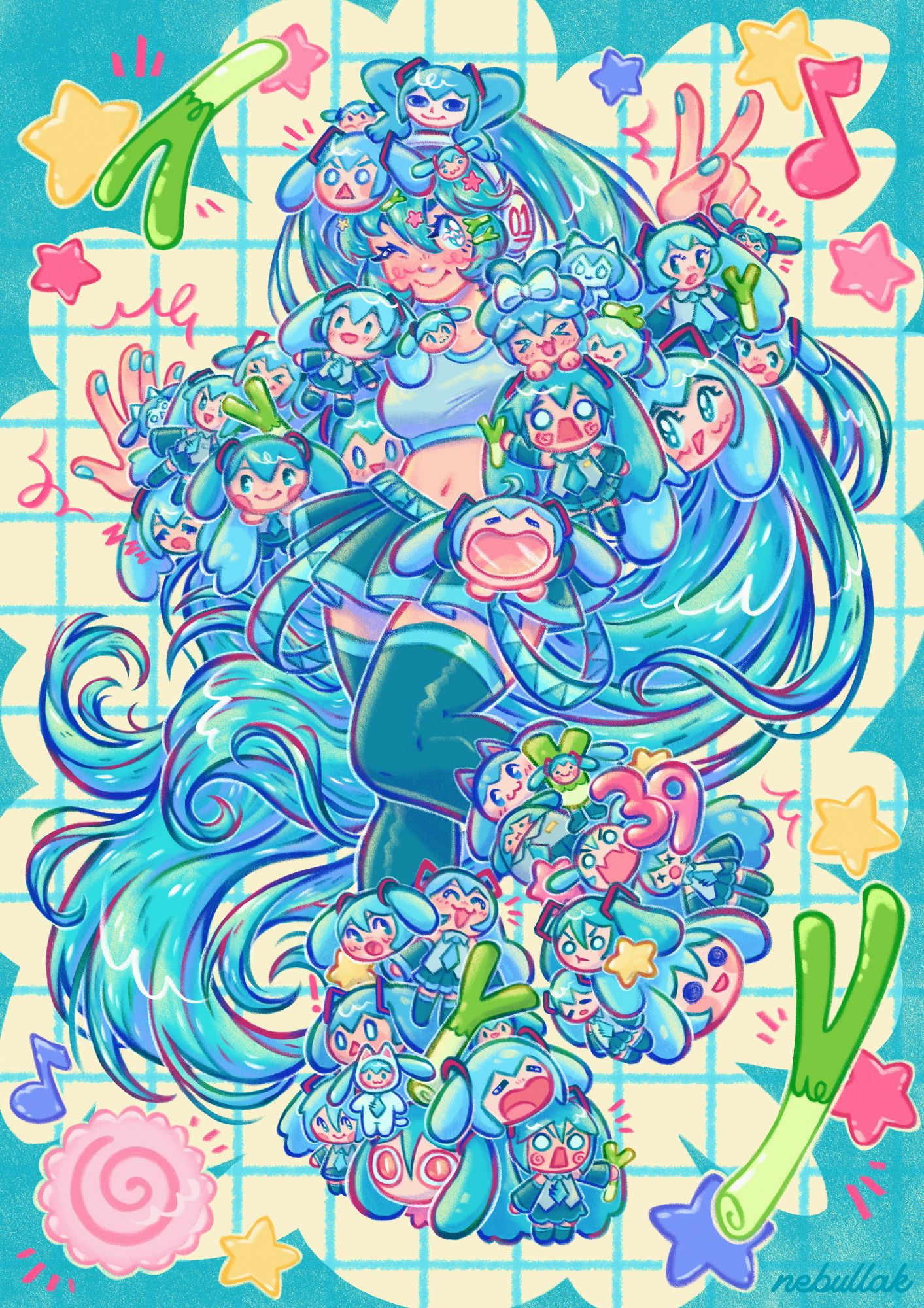 Fanart of the character Hatsune Miku dressed in mini versions of herself, inspired by decora fashion and maximalist, the style is really colorful and fun with random elements such as stars, leeks, and a narutomaki.