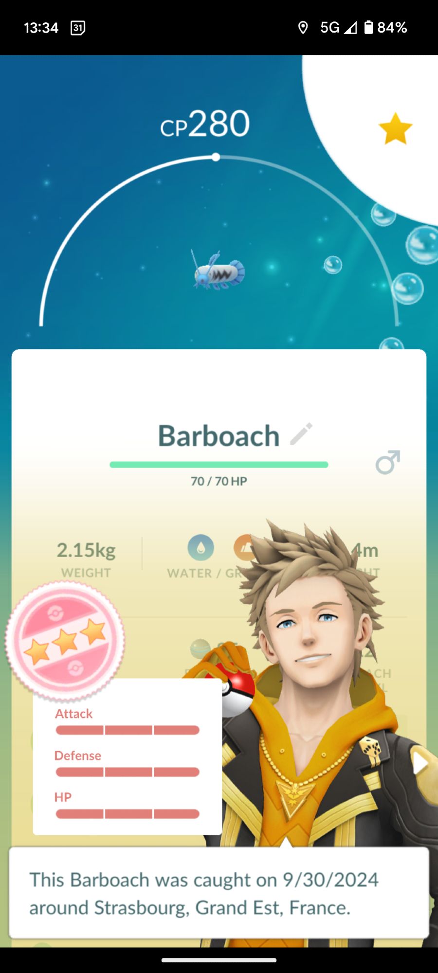 Picture of barboach from pokemon go with perfect IV