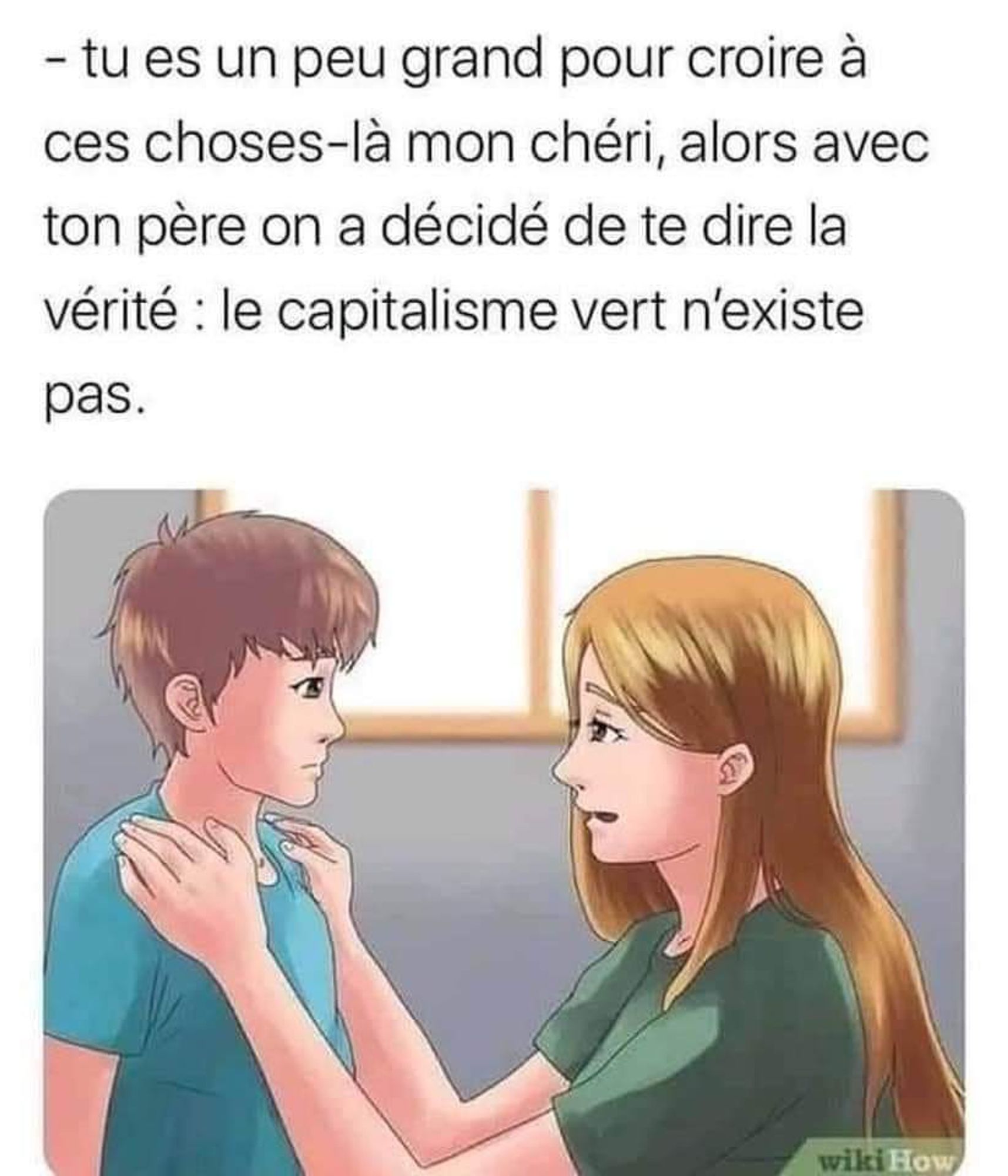 Photo de wikihow avec une mère qui parle à son fils, accompagné du texte 
- tu es un peu grand pour croire à ces choses là mon chéri, alors avec ton père on a décidé de te dire la vérité : le capitalisme vert n'existe pas