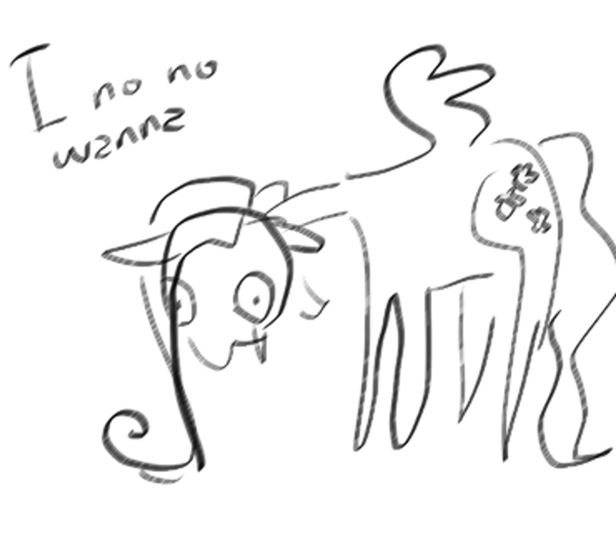 A poorly drawn Fluttershy crying and the text “I no no wanna”