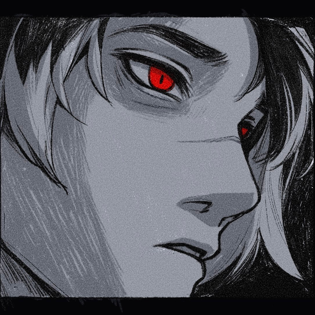 A portrait of William, the scenery monochrome all around him but the only thing with color is his crimson red eyes.