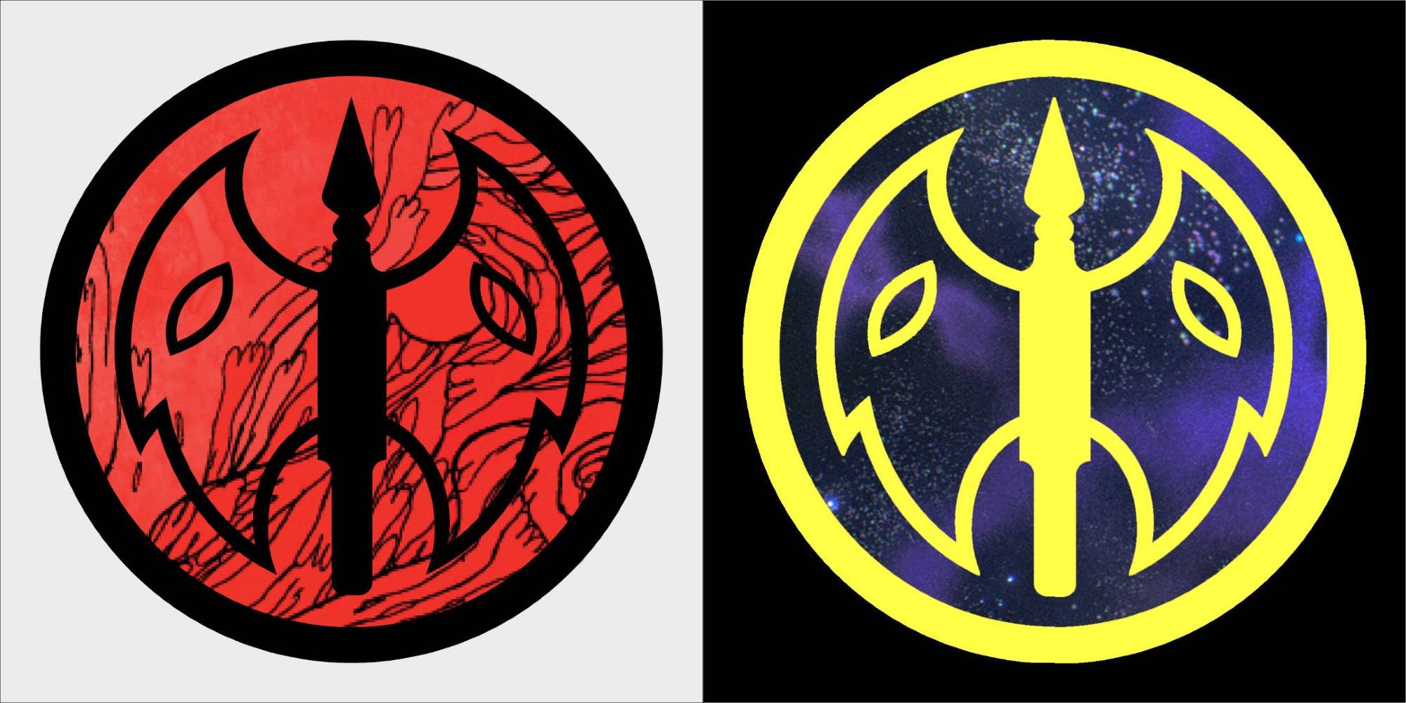 Pair of battle-axe logo stickers in custom colors - one black & fire pattern, the other a star pattern and yellow.