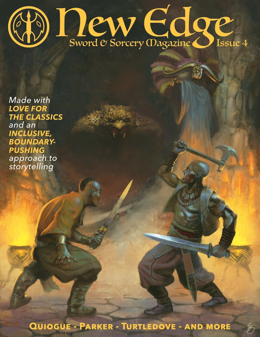 Cover of a fantasy magazine showing two African warriors with swords and axes bracing themselves for the attack of a huge, muscular leopard man being sent forth by a mysterious, masked magician.

Capa de uma revista de fantasia mostrando dois guerreiros africanos com espadas e machados se preparando para o ataque de um enorme e musculoso homem-leopardo enviado por um misterioso mágico mascarado.