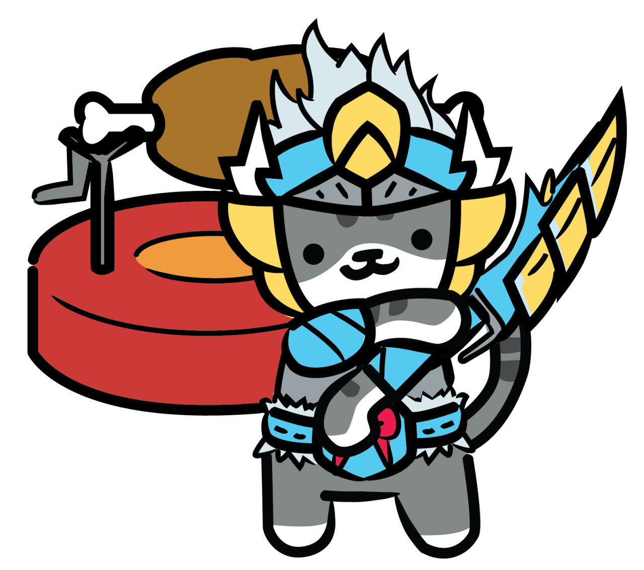 Neko Atsume parody art of a palico in Zinogre armor next to a meat spit