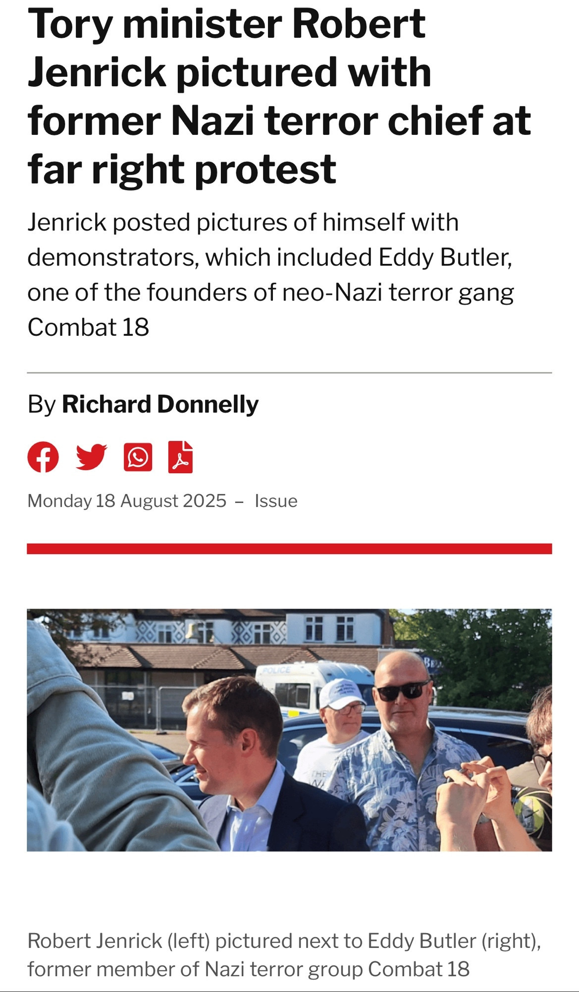 Headline: Tory minister Robert Jenrick pictured with former Nazi terror chief at far right protest.