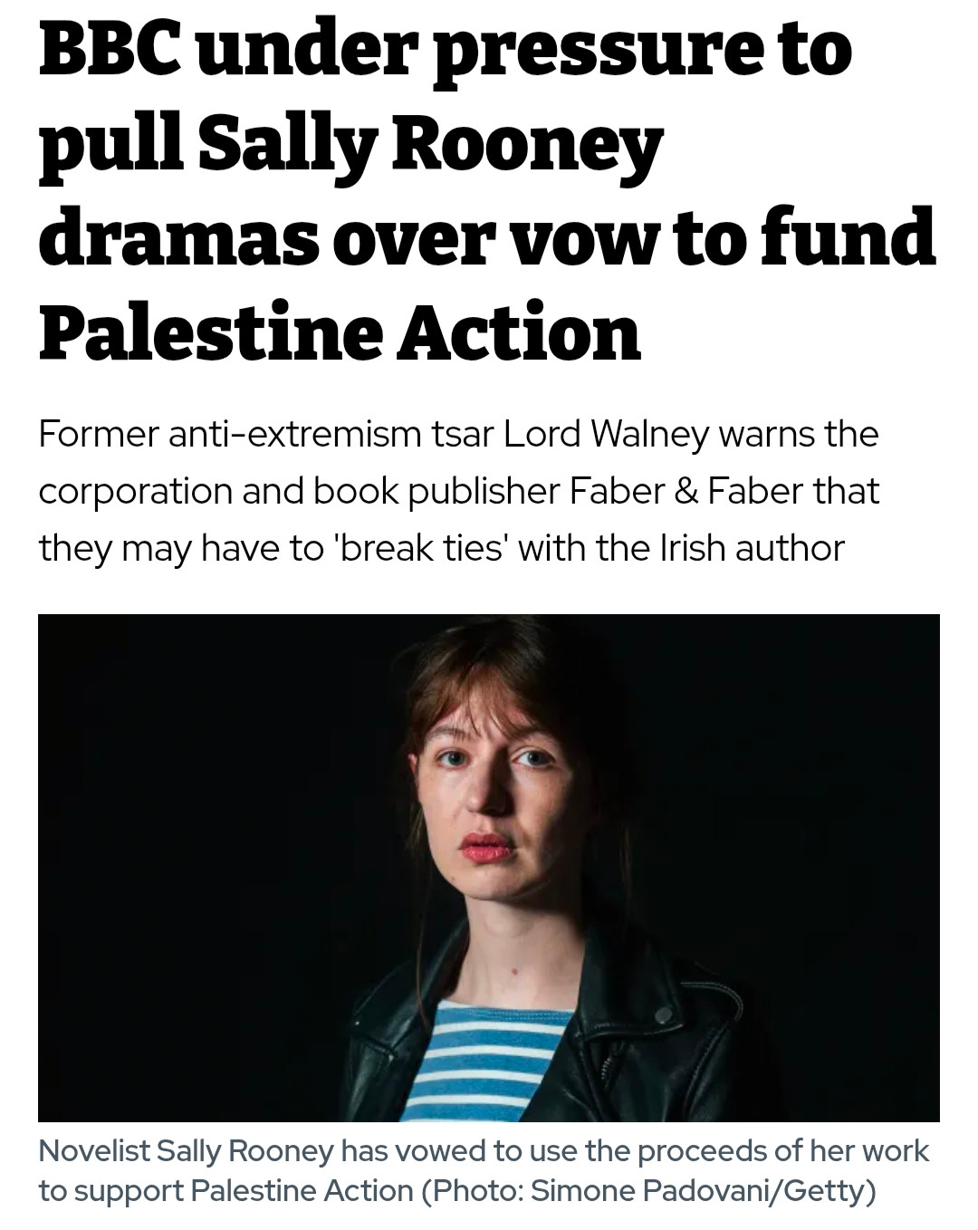Headline: BBC under pressure to pull Sally Rooney dramas over vow to fund Palestine Action 