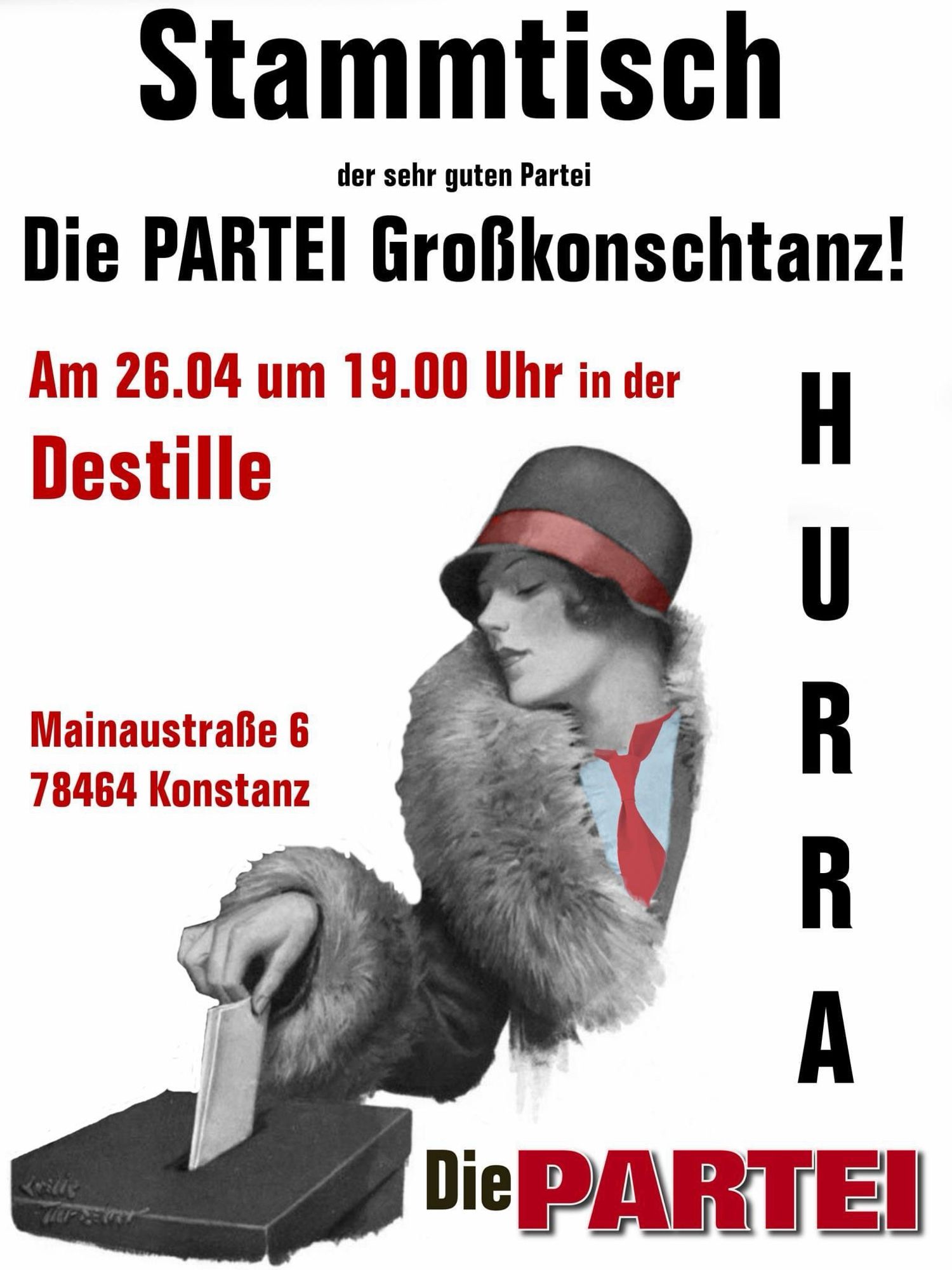 Werbung, Sharepic: Stammtisch Die PARTEI Kreisverband Konstanz lädt zum Stammtisch am 26.4.2024 nach Konstanz in Die Destille ein.