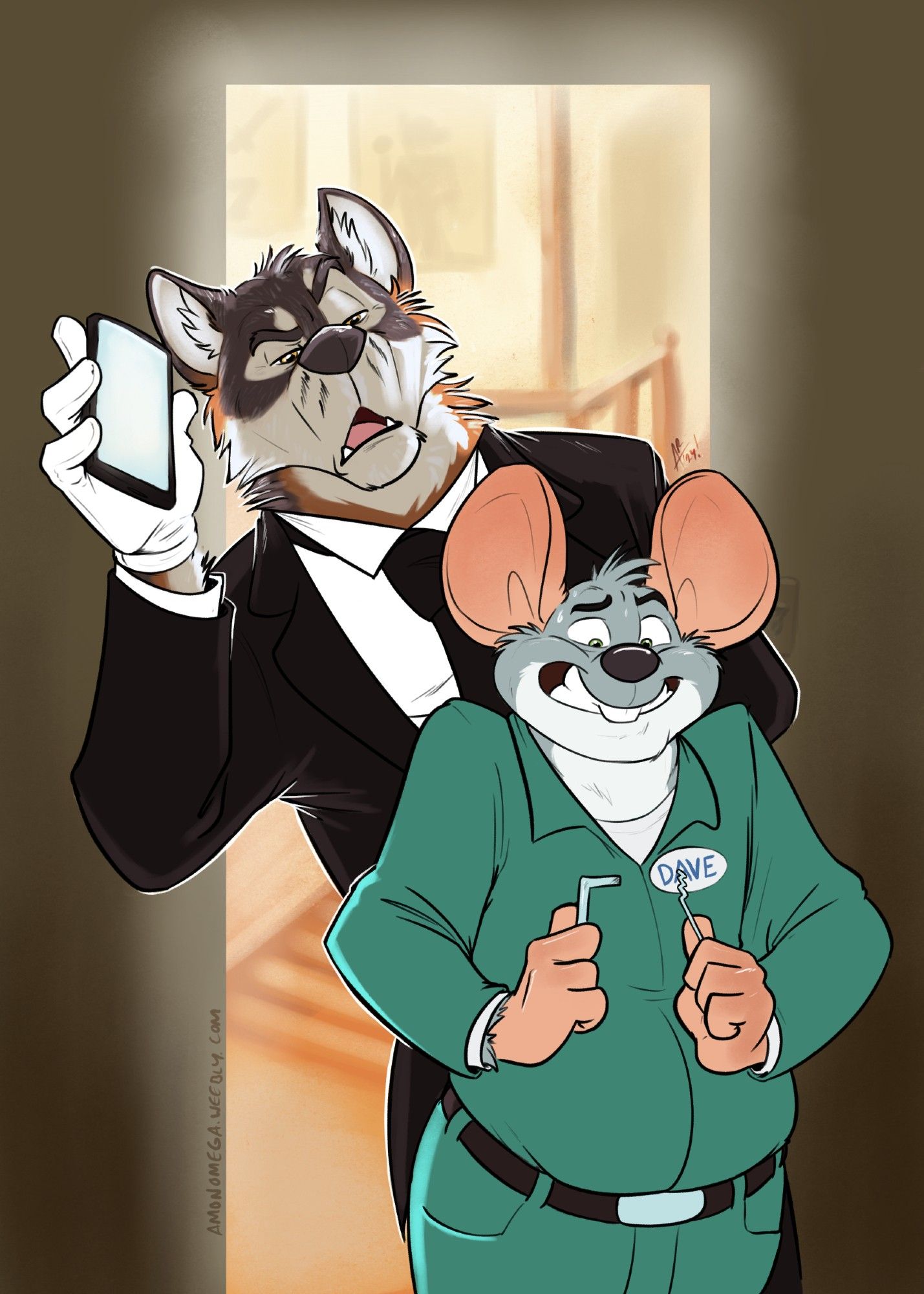 A large anthro butler wolf stands behind Kris, the anthro mouse, looming over his shoulder as Kris tries to pick a lock without the wolf noticing. Kris is wearing green work style overalls, while the butler wolf is sharply dressed.