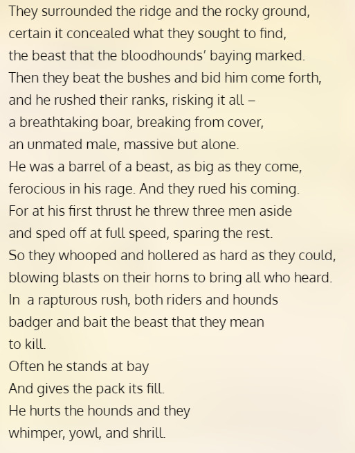 Allierative verse from Sir Gawain and the Green Knight, escribing bor hunting
