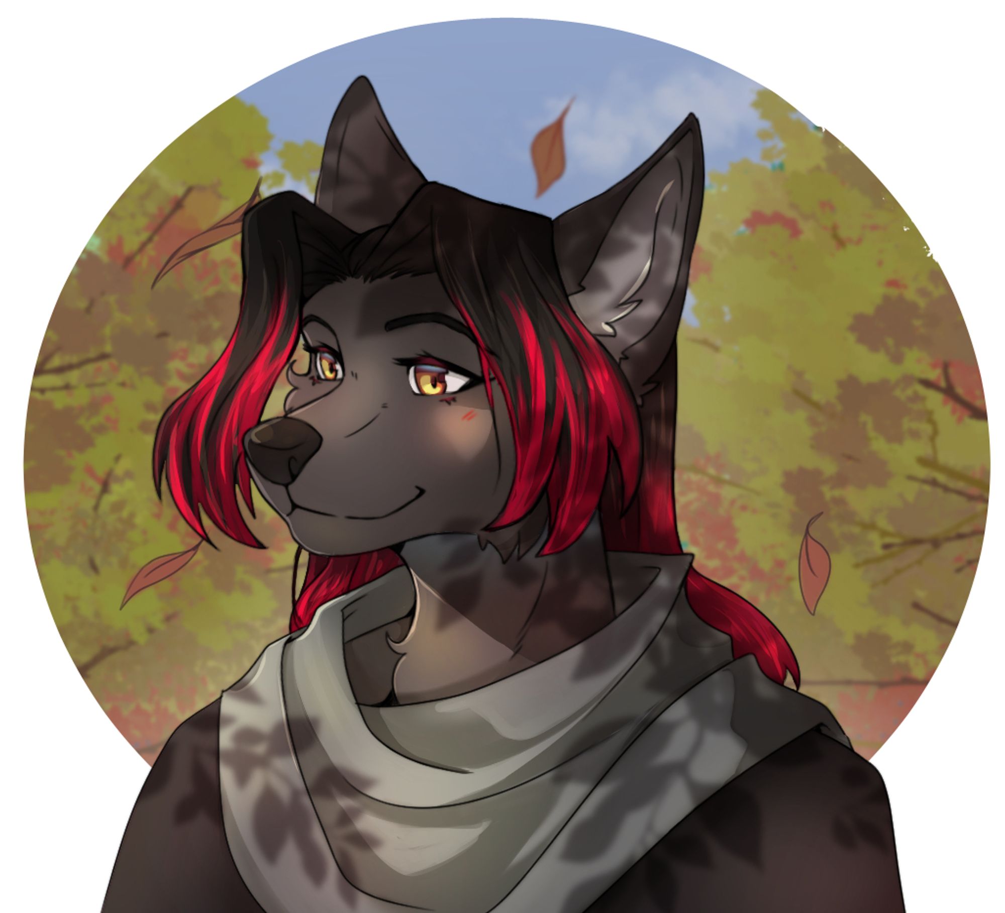 Art of my fursona Luna Lycan. A gray wolf girl with long dark hair that ends in red streaks, wearing a fall outfit. The circular background depicts a forest in fall with colorful trees and leafs blowing in the wind.