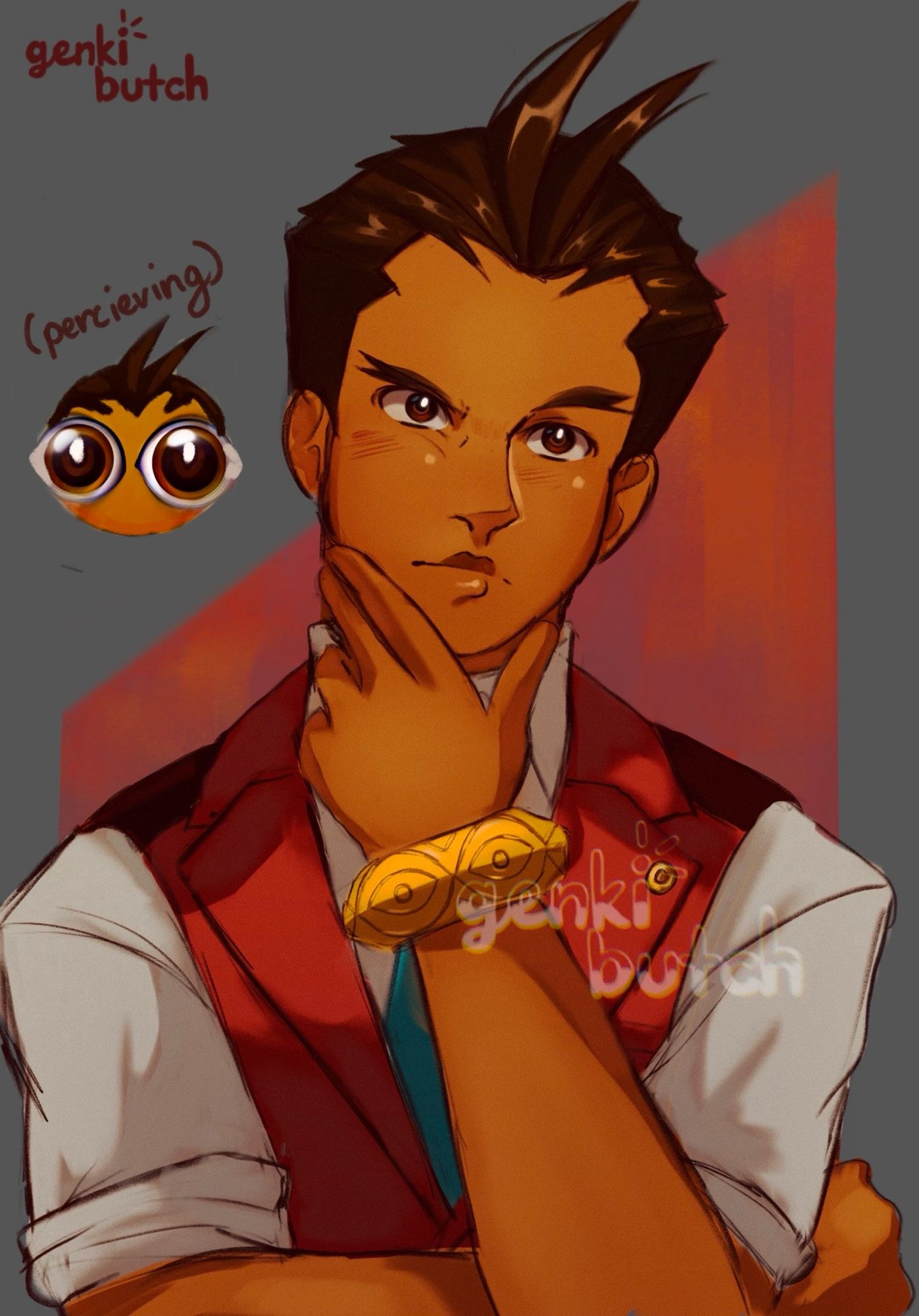 A digital drawing of the character, Apollo Justice, from the video game, Apollo Justice: Ace Attorney, looking upward while stroking his chin with his hand, as if in thought. There is an emoji with big eyes drawn to look like him to poke at his canonical “perceiving” ability.