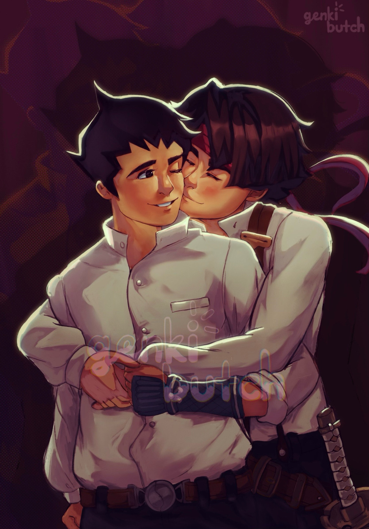 A ship fanart of Ryunosuke Naruhodo and Kazuma Asougi from The Great Ace Attorney smiling and holding each other lovingly behind a decorative darker maroon background. Kazuma is holding Ryunosuke from behind him.