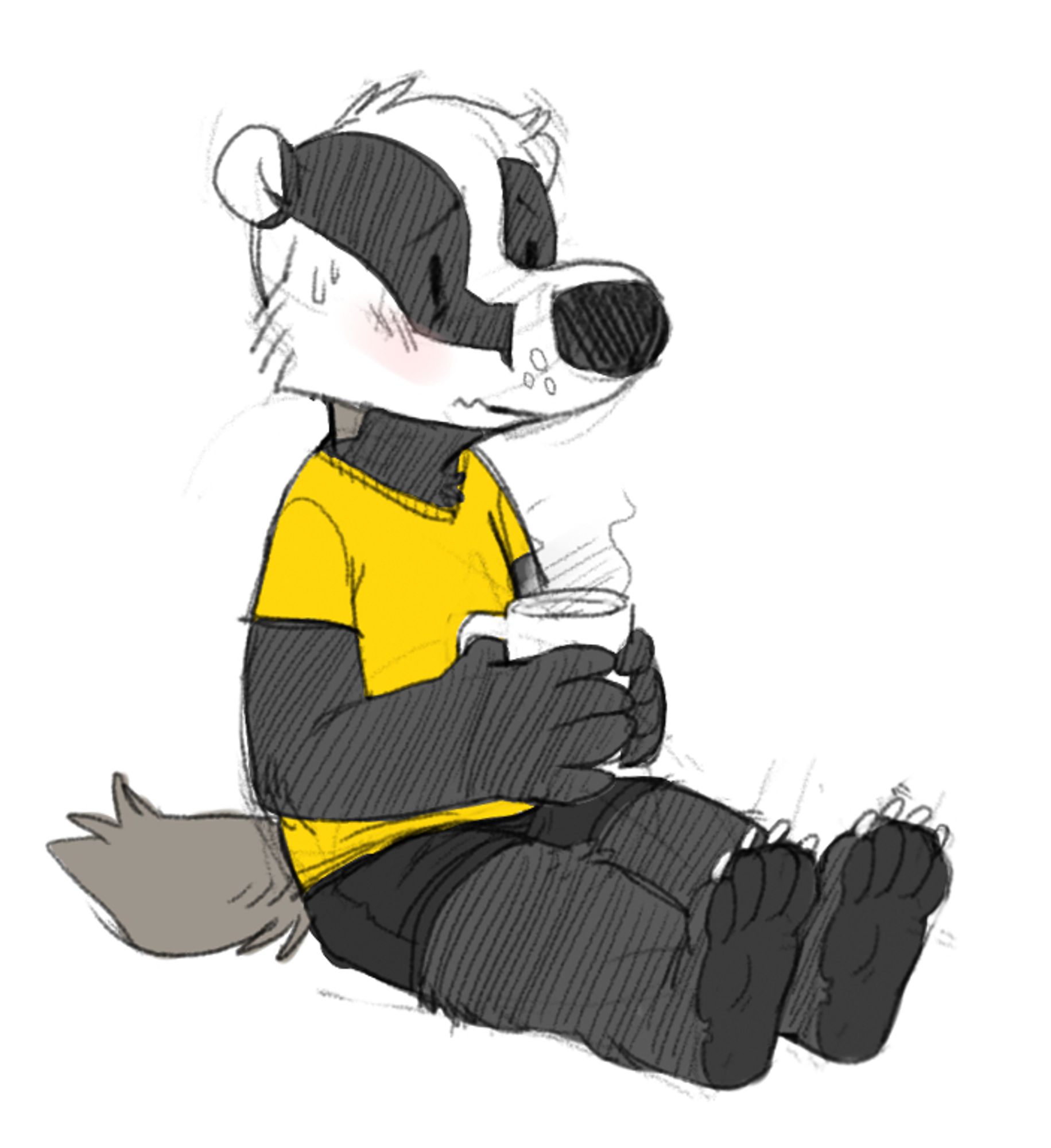 A nervous stumpy-proportioned anthro badger depicted sitting, holding a mug of hot coffee.