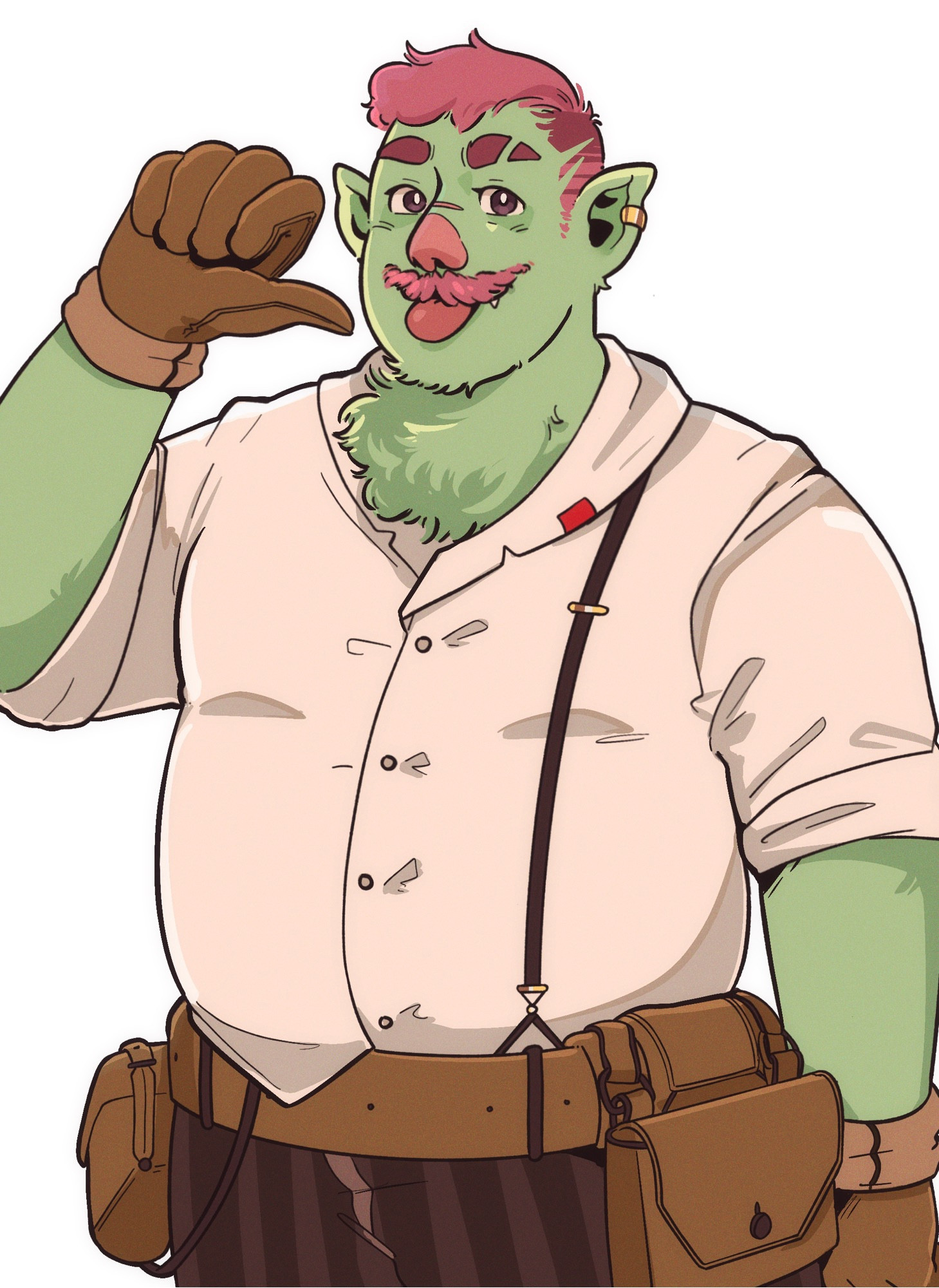 Um retrato de Marquinhos, só que como um orc. Ele tem a pele verde, camisa bege, acessórios de couro, cabelo rosa, luvas e um bigodinho de homem safado