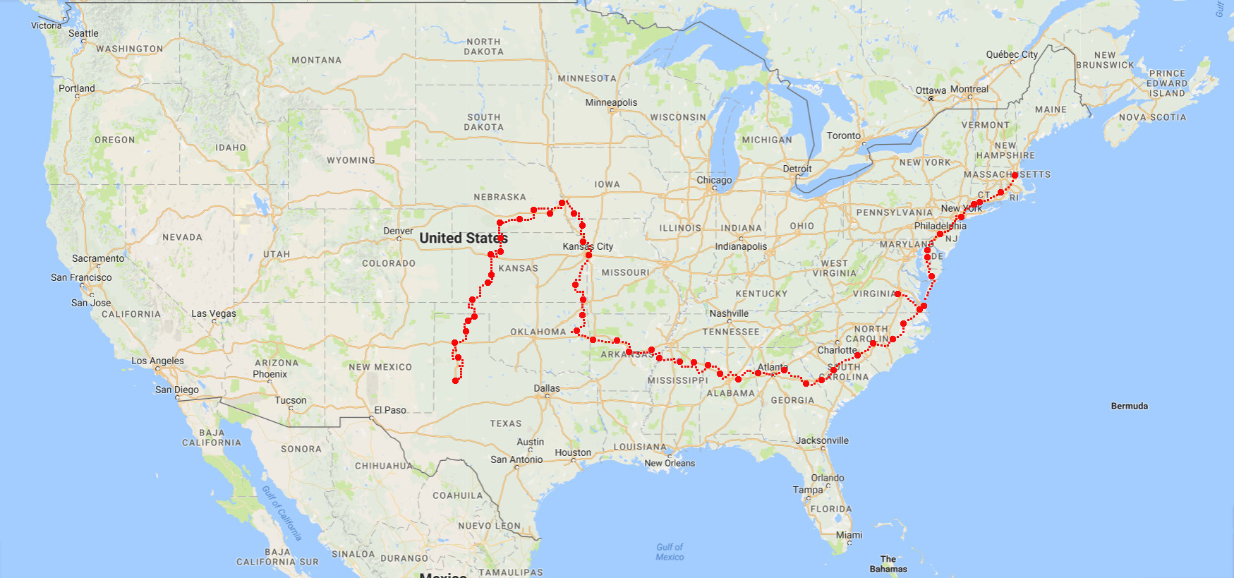 Map of the USA showing a route as a red line with a dot on it for each stop, starting in Boston then south through RI, CT, NY, NJ, PA, DE, MD, VA, NC, SC, and GA, then west through AL, MS, AR, and OK, then north to KS, MO, and IA, then west through NE and south to KS, OK, and TX. 