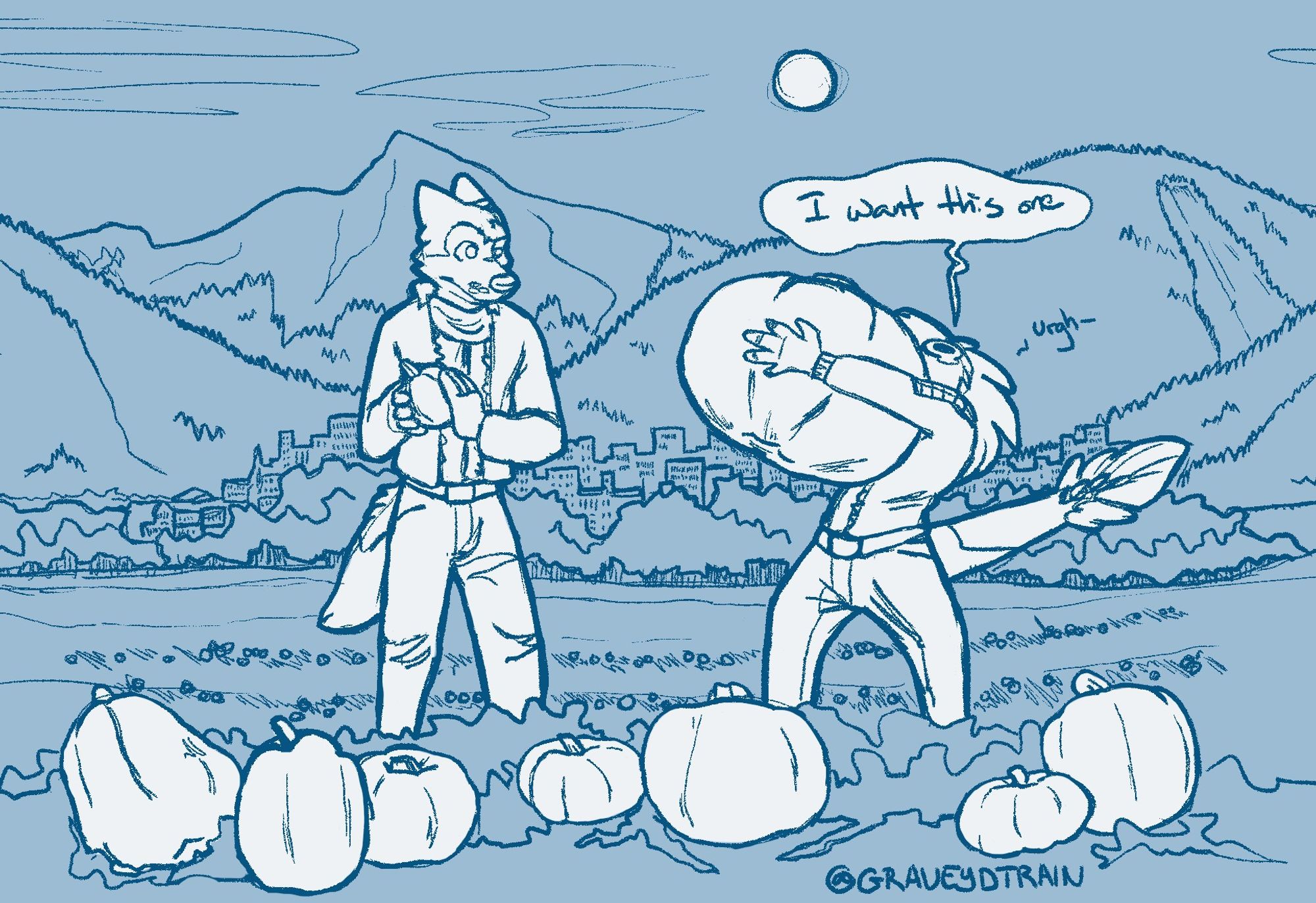 Gravey and Coffey at a pumpkin patch. Gravey is holding a small pumpkin while Coffey struggles to hold a massive pumpkin.