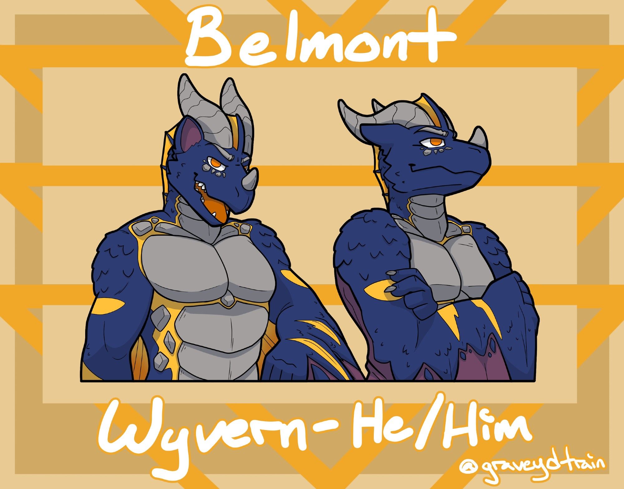 A set of talking and non-talking portraits for a muscular wyvern named Belmont. One pose has his arms crossed, and the other has his arms open with chest exposed.