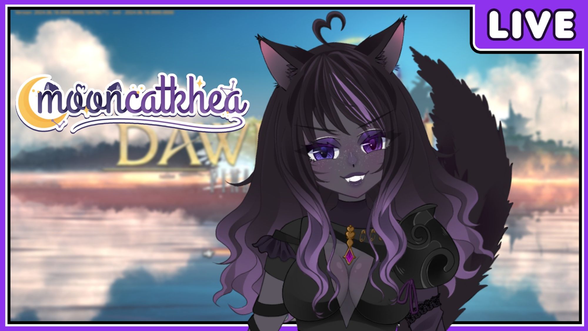 A going-live banner for Twitch with a smiling black & purple catgirl and a logo reading "mooncatkhea." The game is FFXIV: Dawntrail.