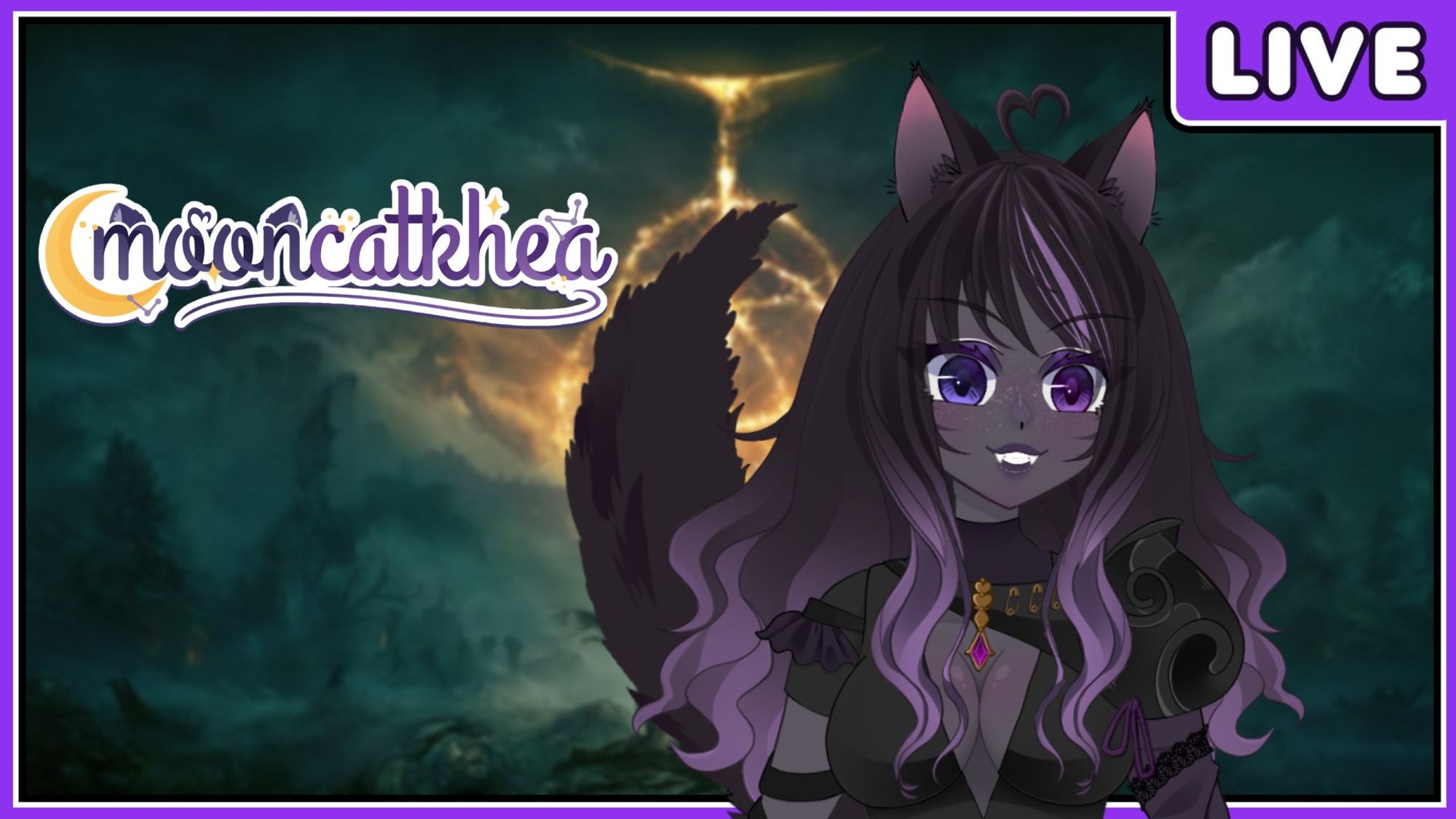 A going-live banner for Twitch with a smiling black & purple catgirl and a logo reading "mooncatkhea." The game is Elden Ring.