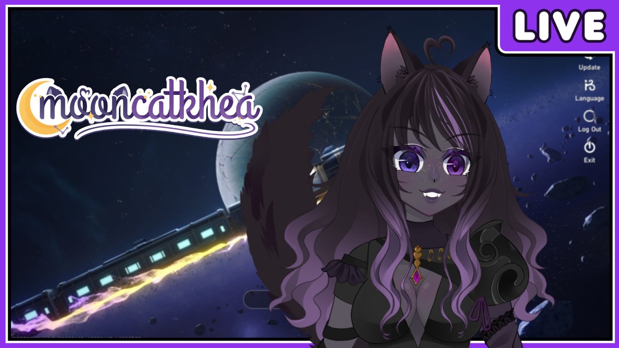 A going-live banner for Twitch with a smiling black & purple catgirl and a logo reading "mooncatkhea." The game is Honkai Star Rail.